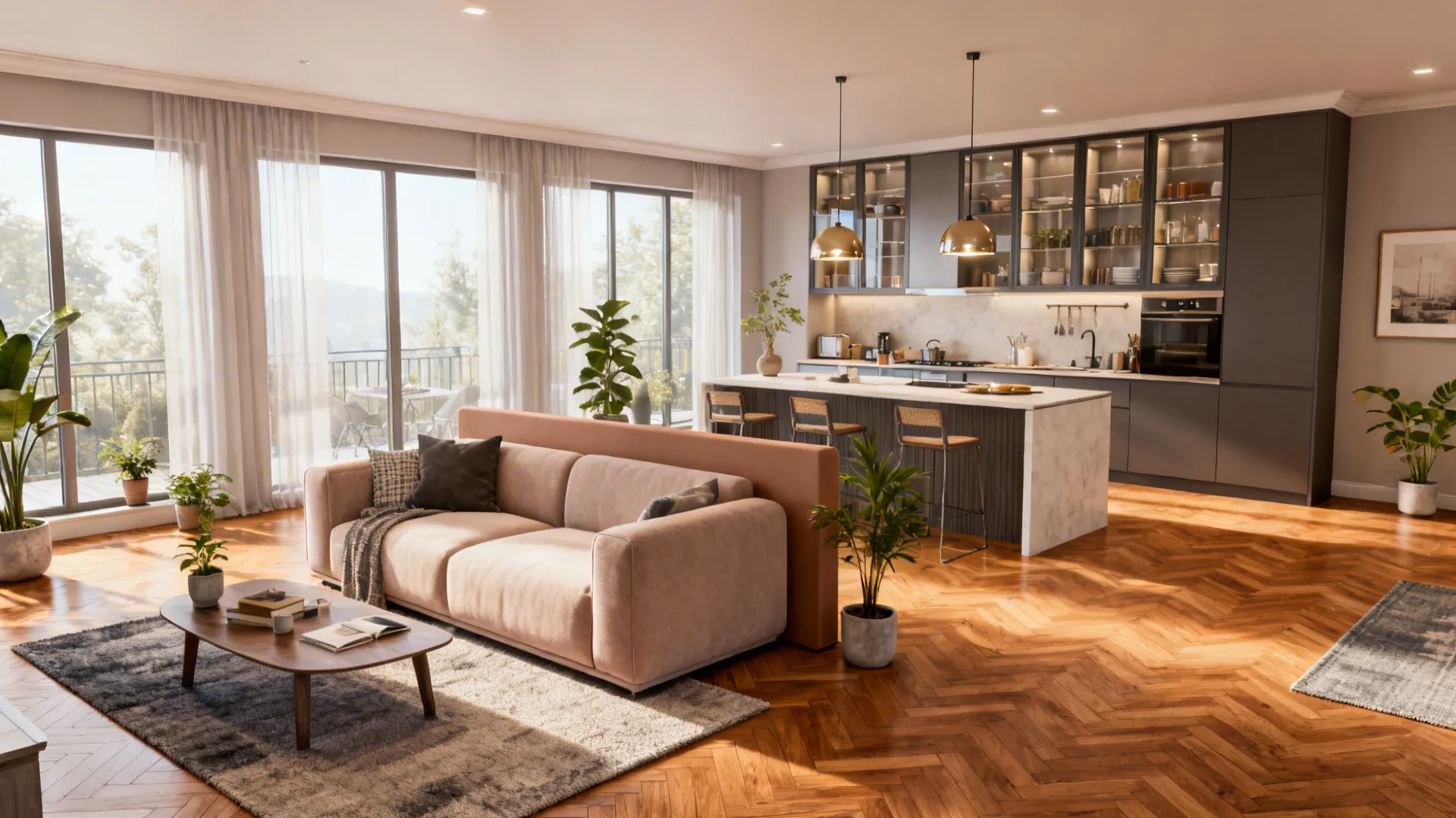 Modern open plan living room with tan sofa coffee table wooden floor and dark grey kitchen
