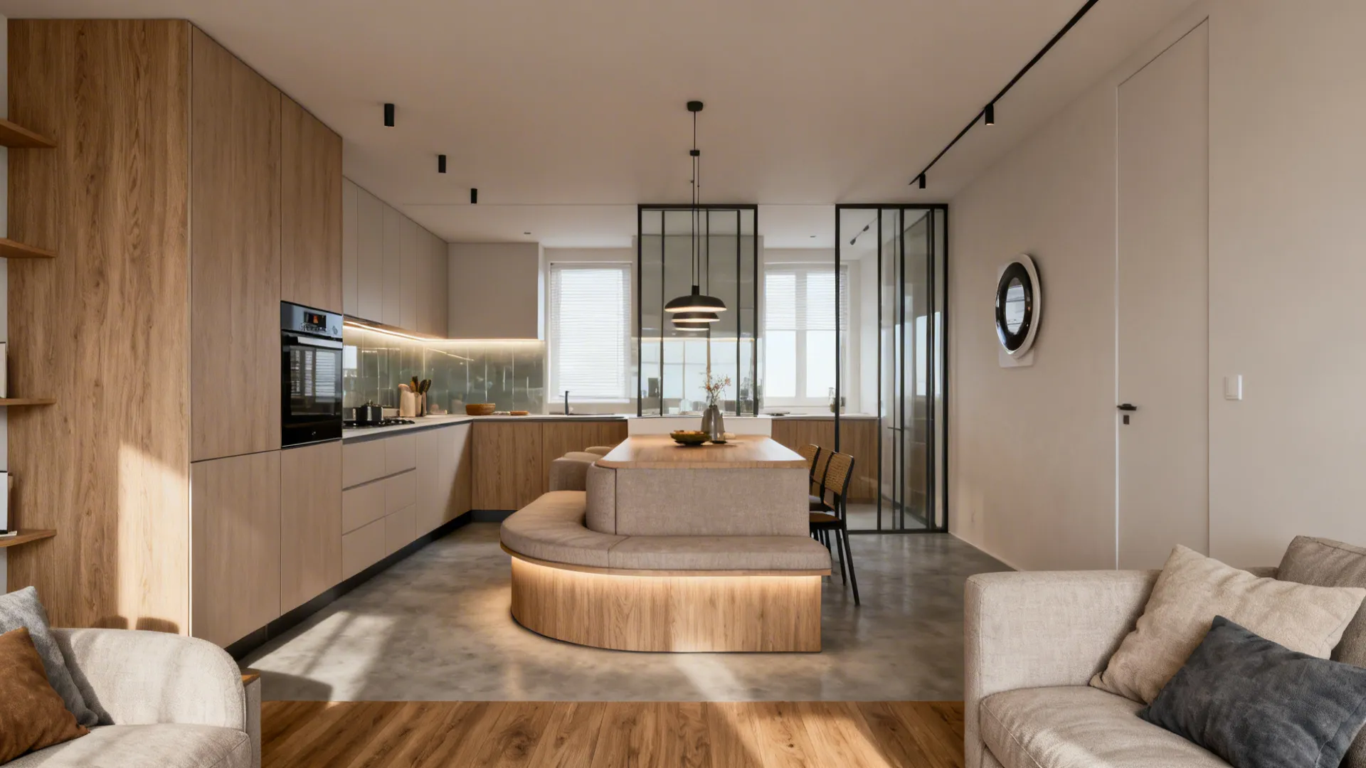 Bright open kitchen with wood cabinets curved seating area dining table and grey sofa foreground