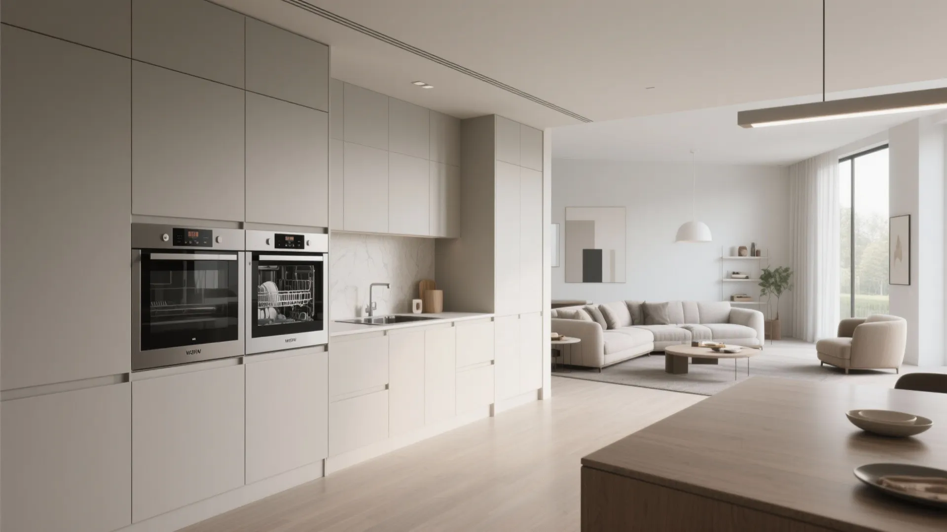 Modern open plan kitchen area with built in ovens and sink connected to bright living room
