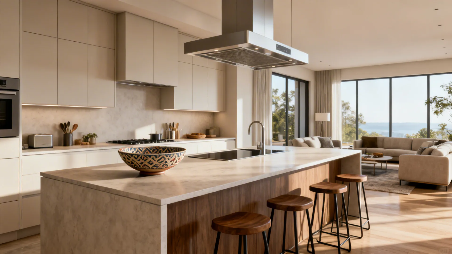 Open-plan kitchen with central island connecting to living room, cohesive storage and ventilation.