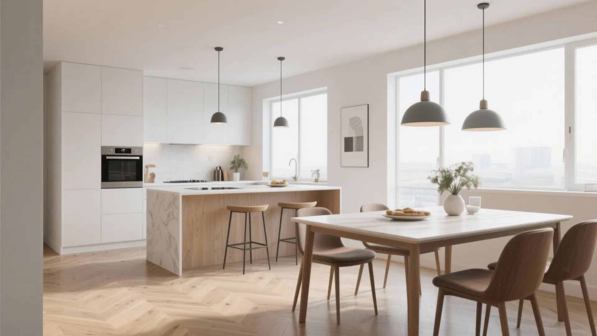 Bright open kitchen and dining area with marble island wooden table grey ceiling light fixtures