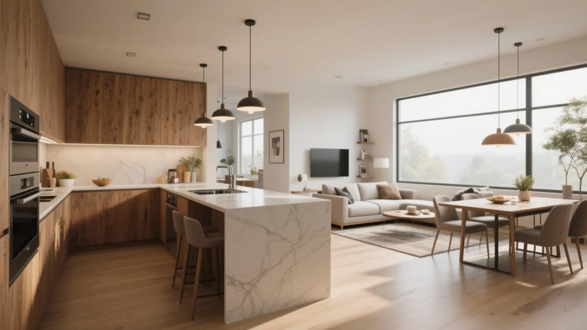 Open plan kitchen and living area with marble island wooden cabinets dining table and sofa