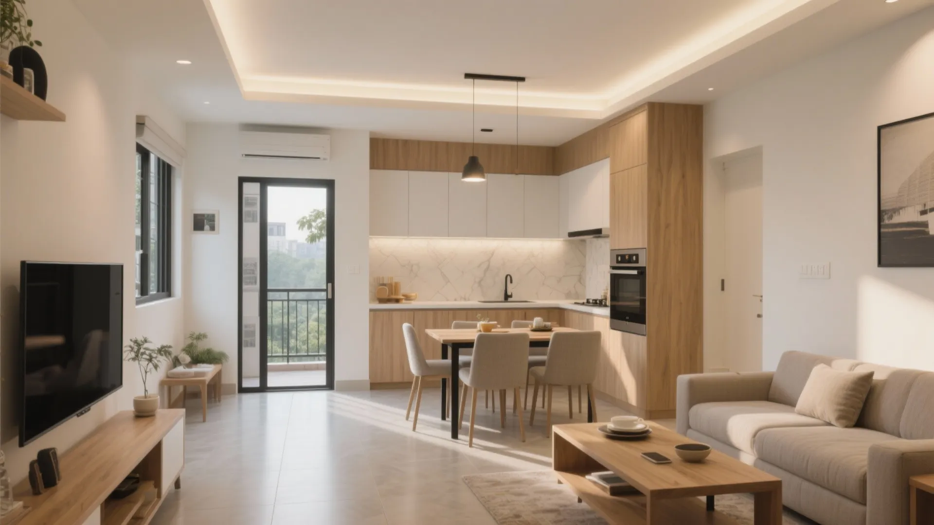 Open-plan living-dining with a hard-working L-kitchen