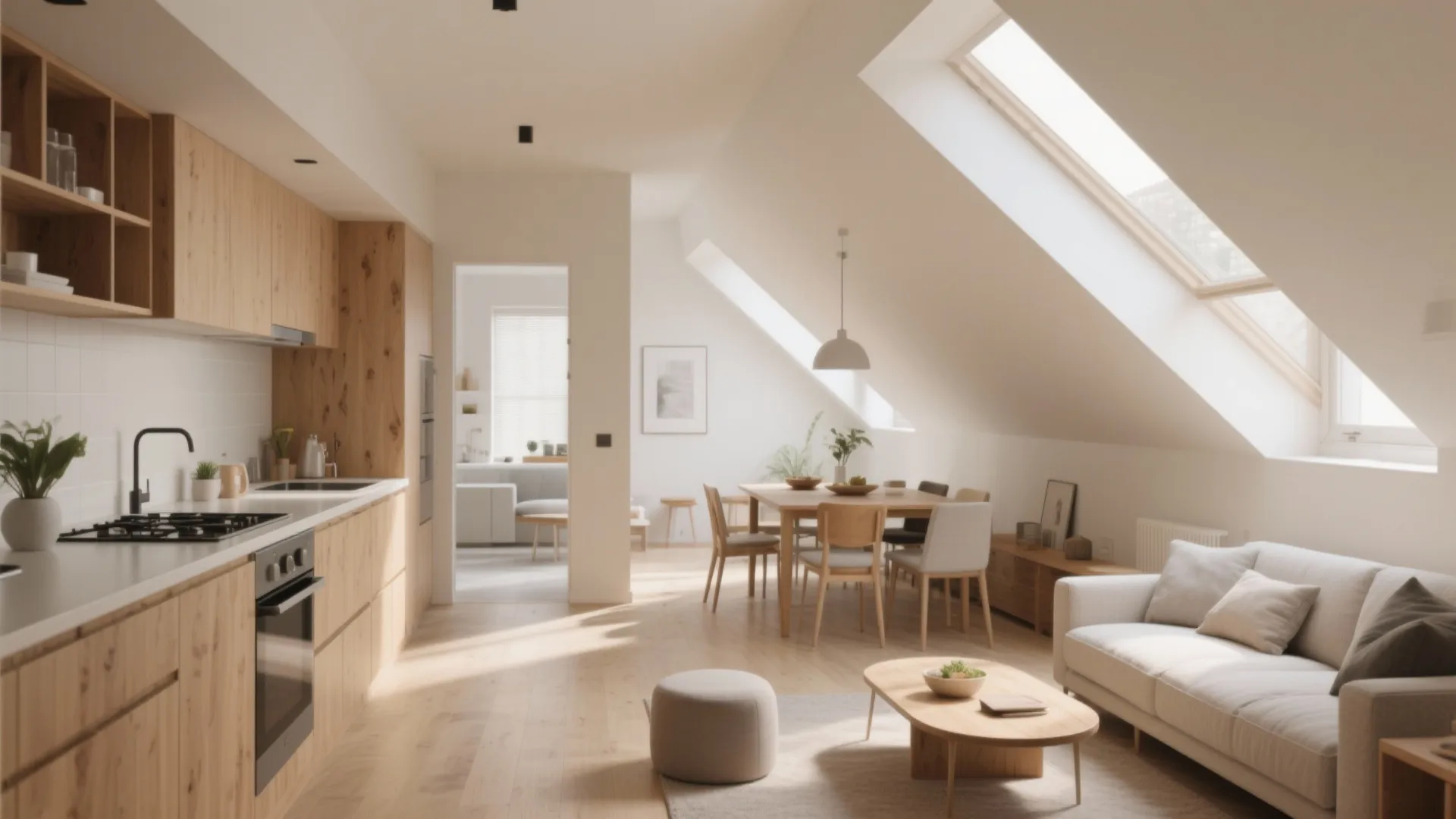 Bright open kitchen and living room layout with roof window wood cabinets and white sofa