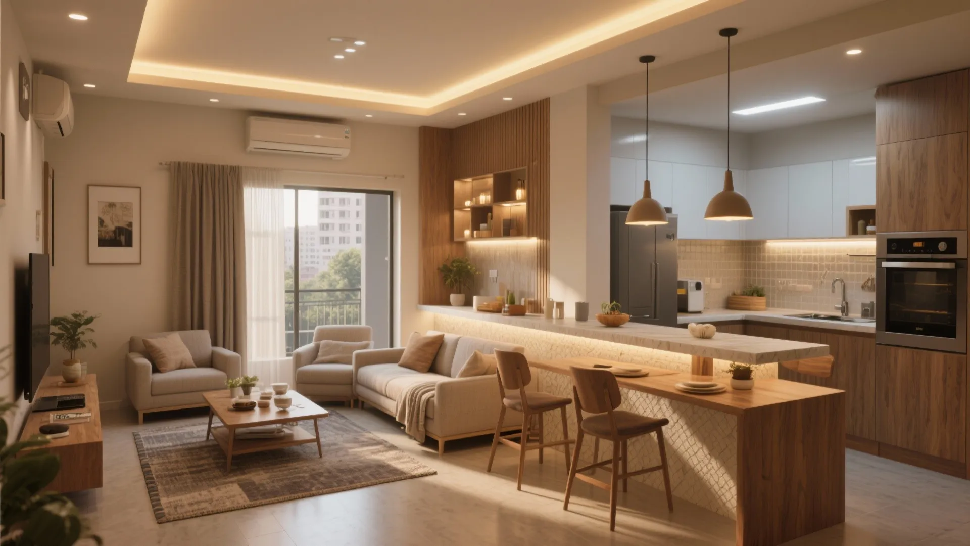 Open-plan living with layered lighting