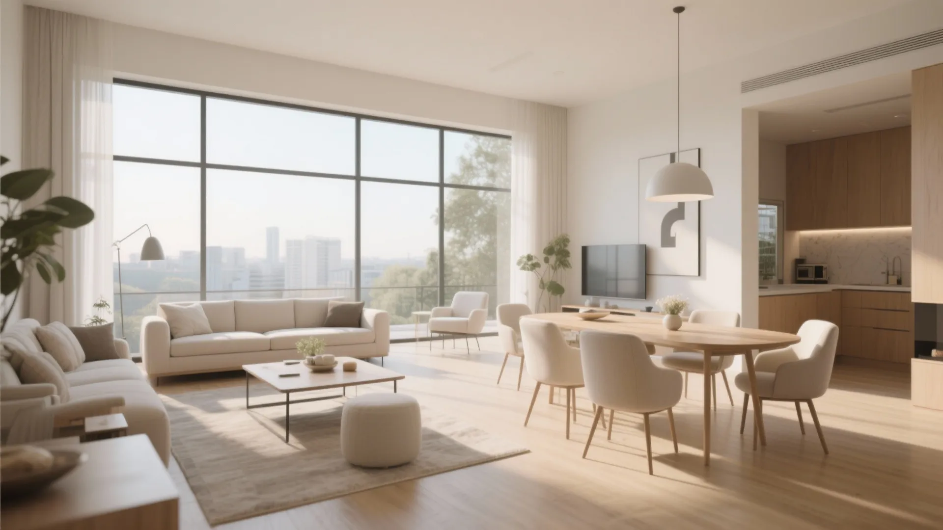 Bright open-plan living and dining room with neutral decor