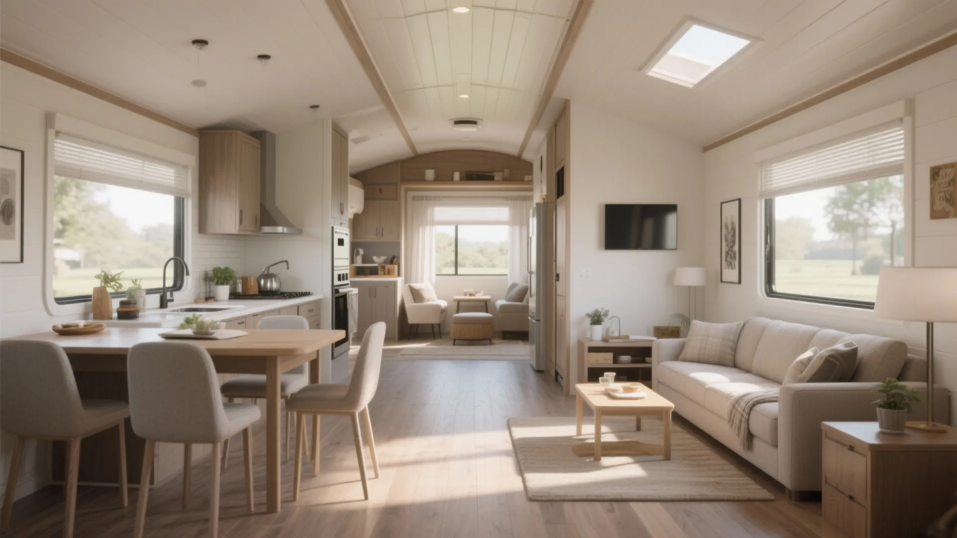 Modern open plan interior with dining table white sofa wooden flooring and natural sunlight coming