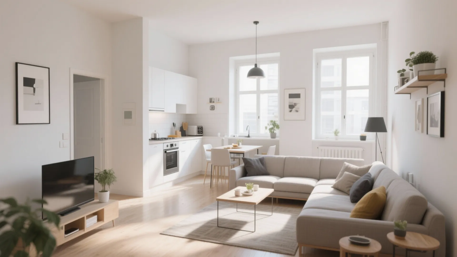 Modern open living room with grey sofa kitchen area dining table and large windows for light