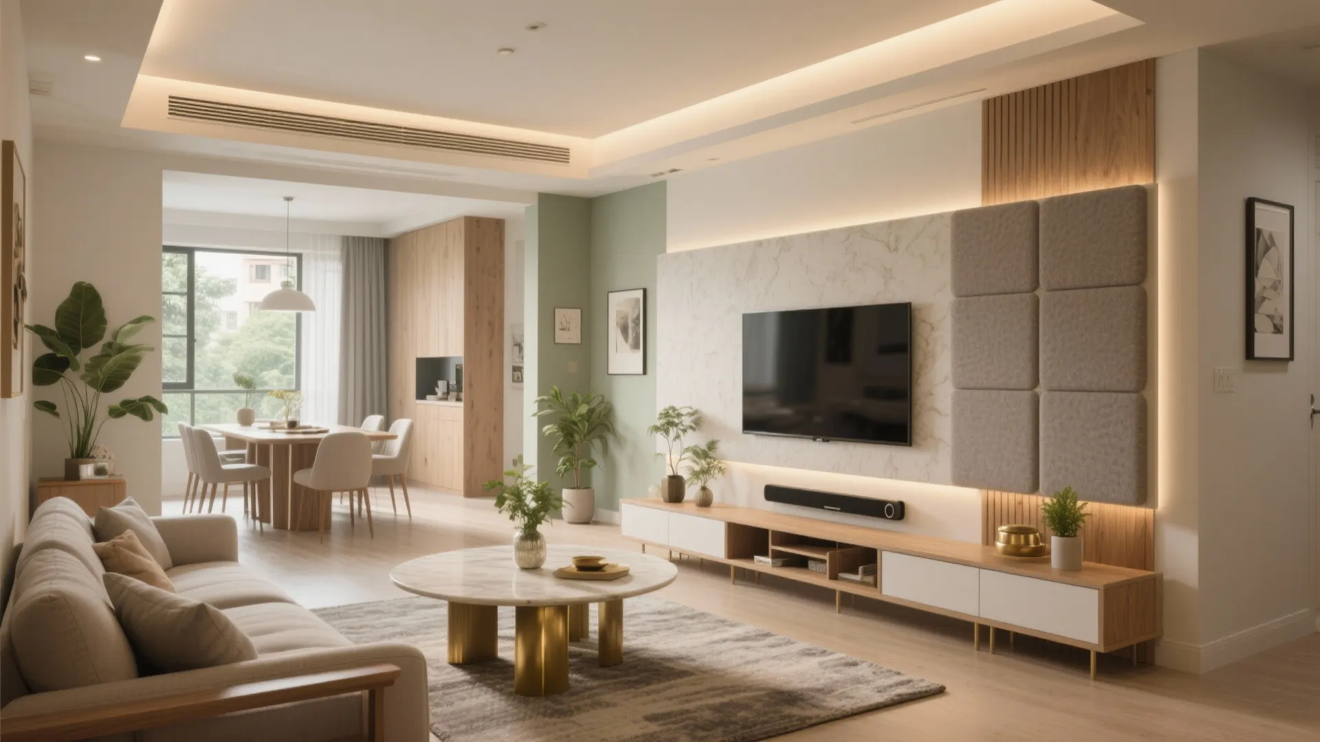 2) Seamless open-plan living–dining with bespoke millwork