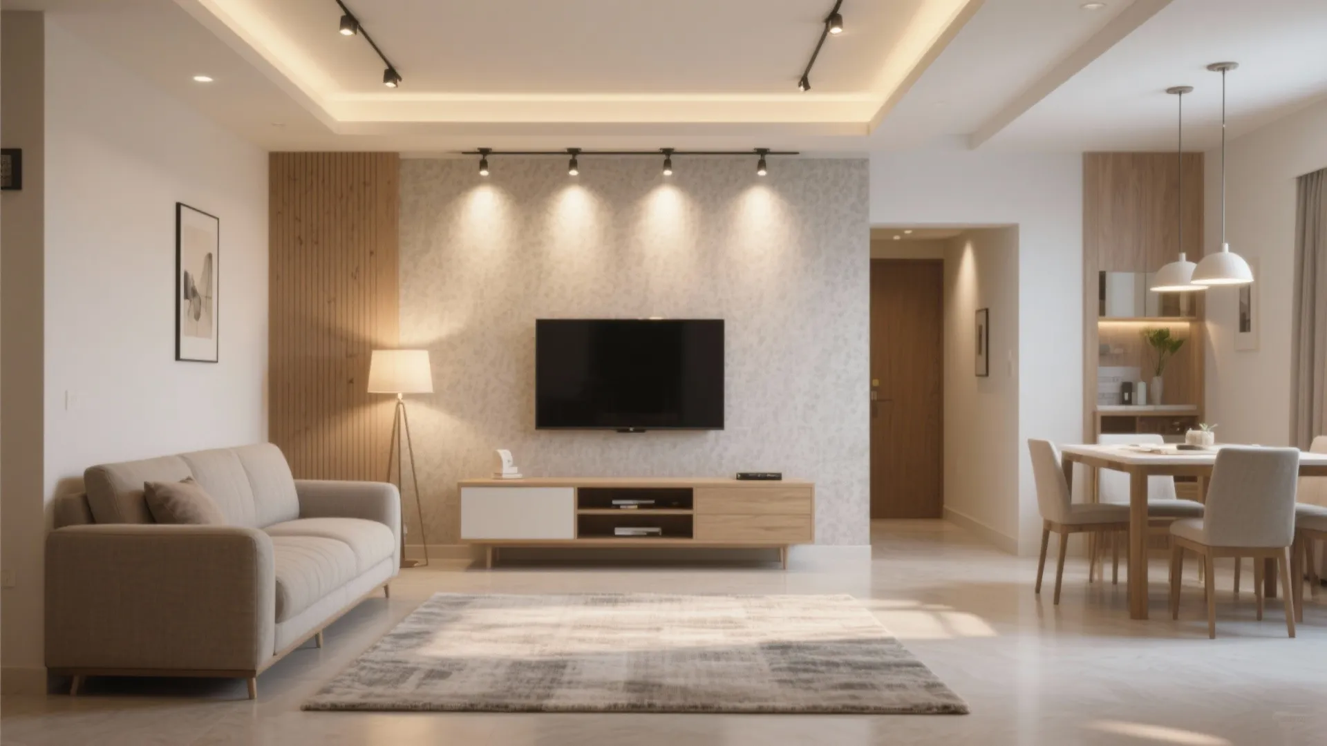 Open-plan zoning with low-back seating and layered lights