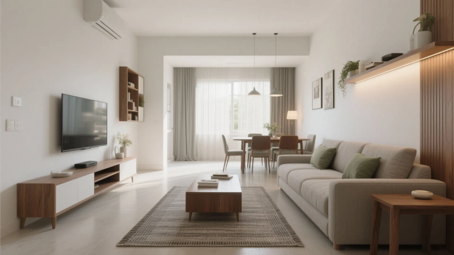 Modern living room featuring grey sofa wood television cabinet dining table set and warm lighting