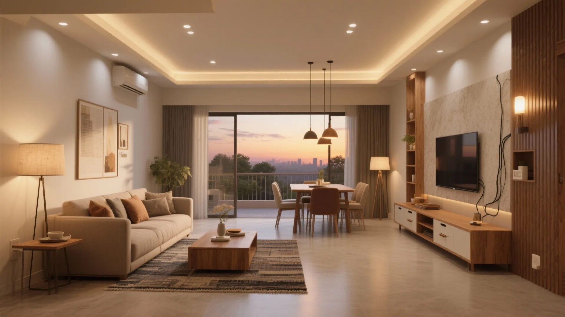 Open-plan living with layered lighting and clutter control