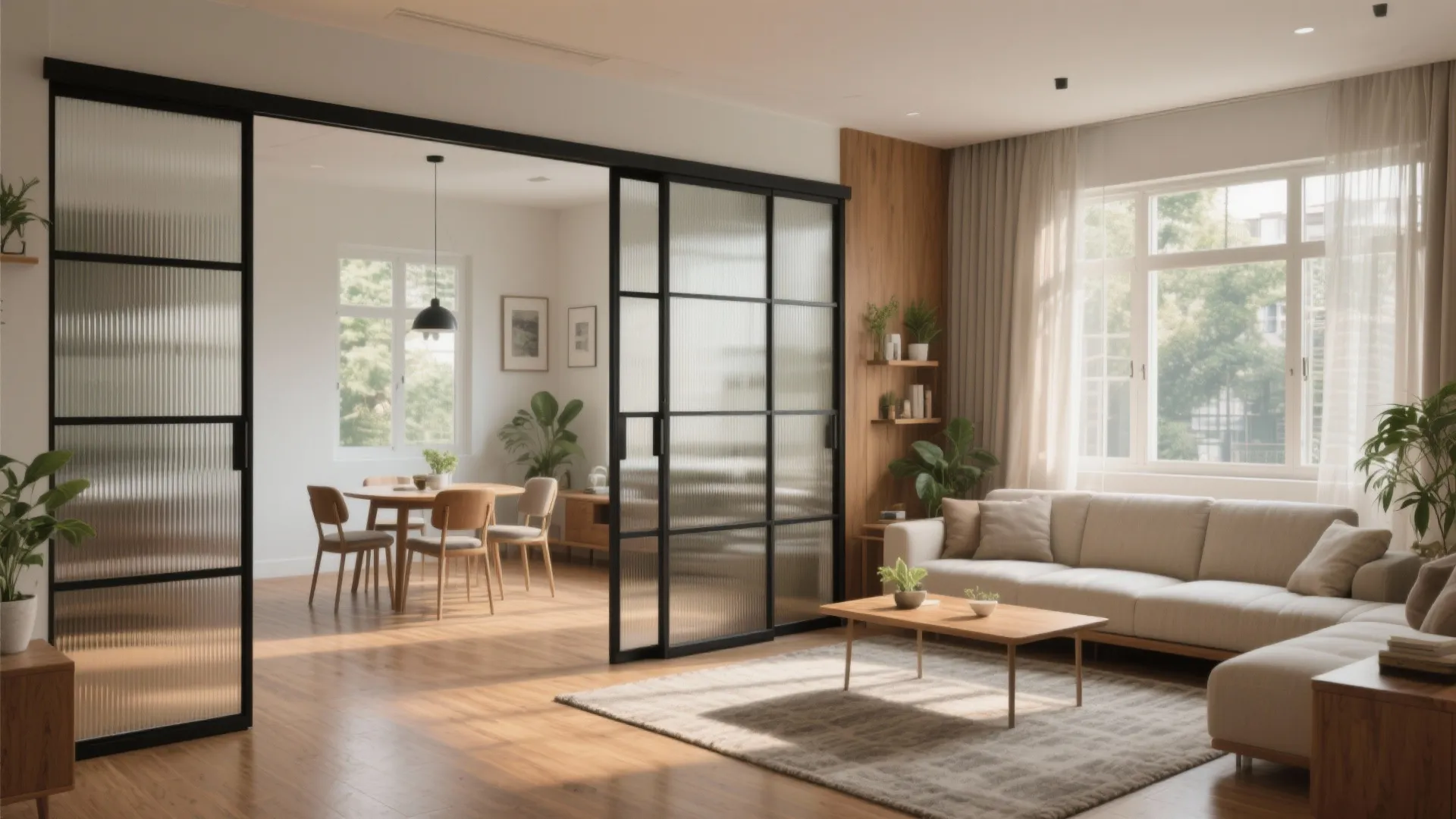 Open-plan living-dining with pocket partitions