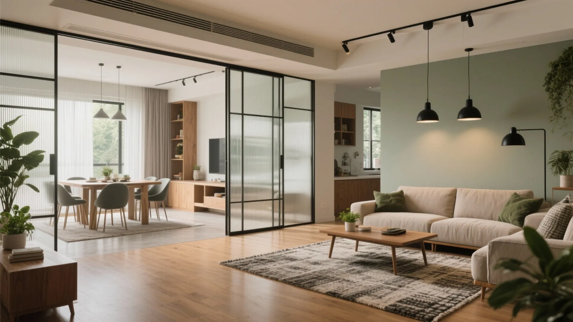 Open-plan living with sliding partitions