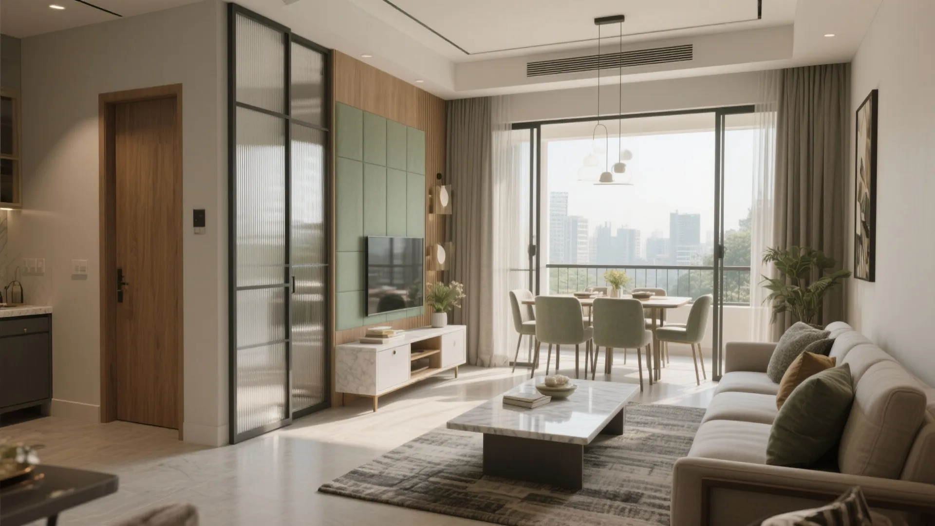 1) Open-plan living–dining with sliding glass partitions