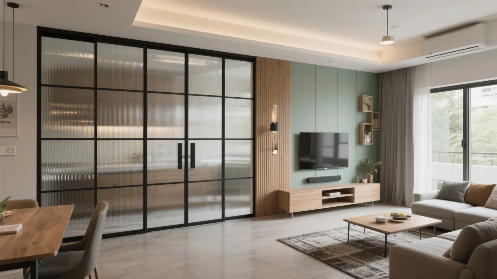 Flexible open-plan living with sliding partitions