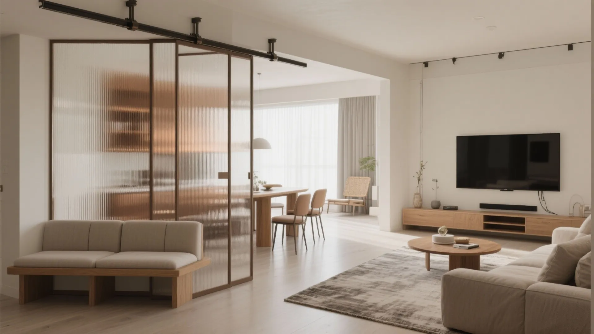 Open-plan living with flexible partitions