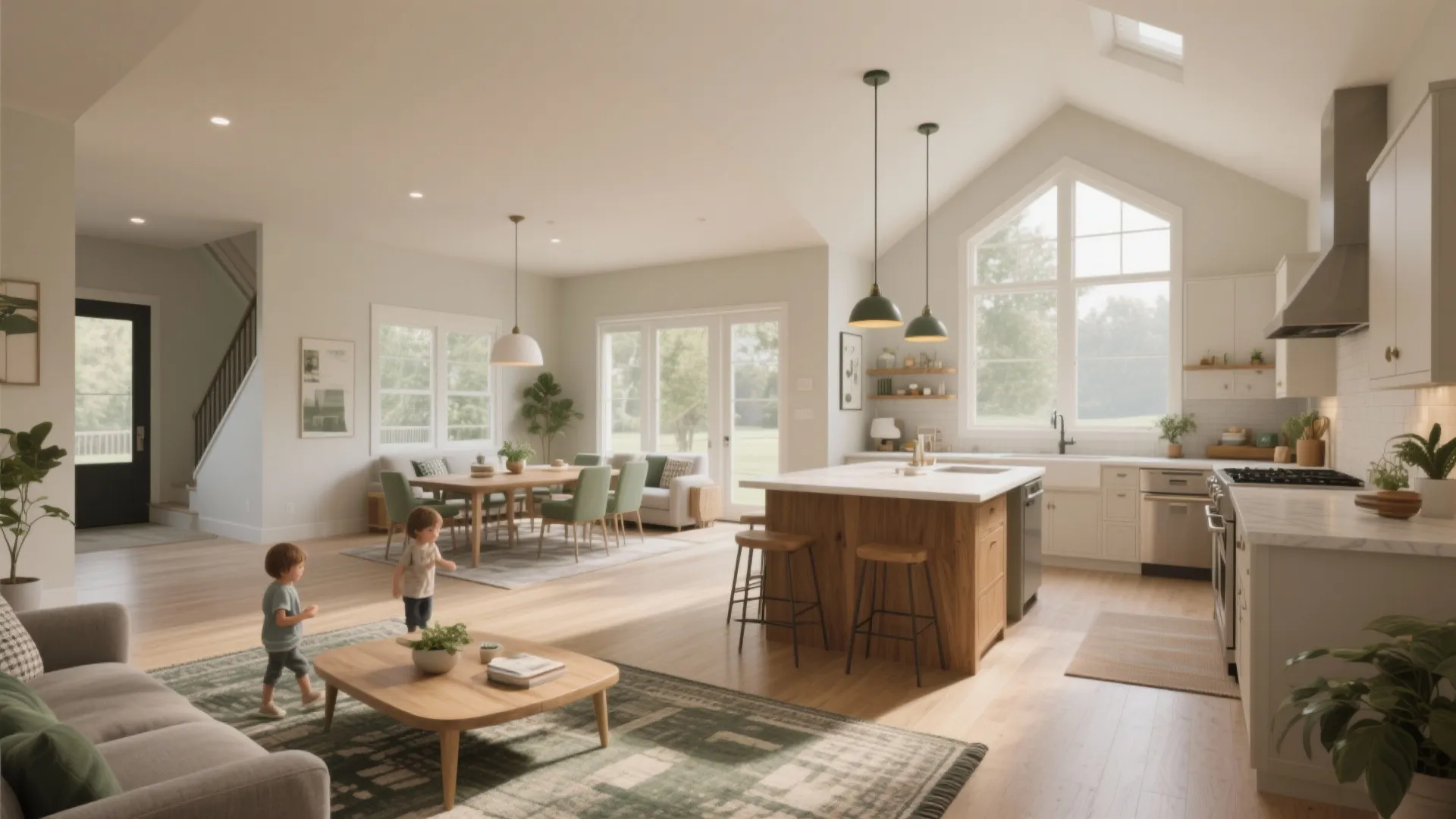 Modern open plan living room with wooden island kitchen dining table and large white windows