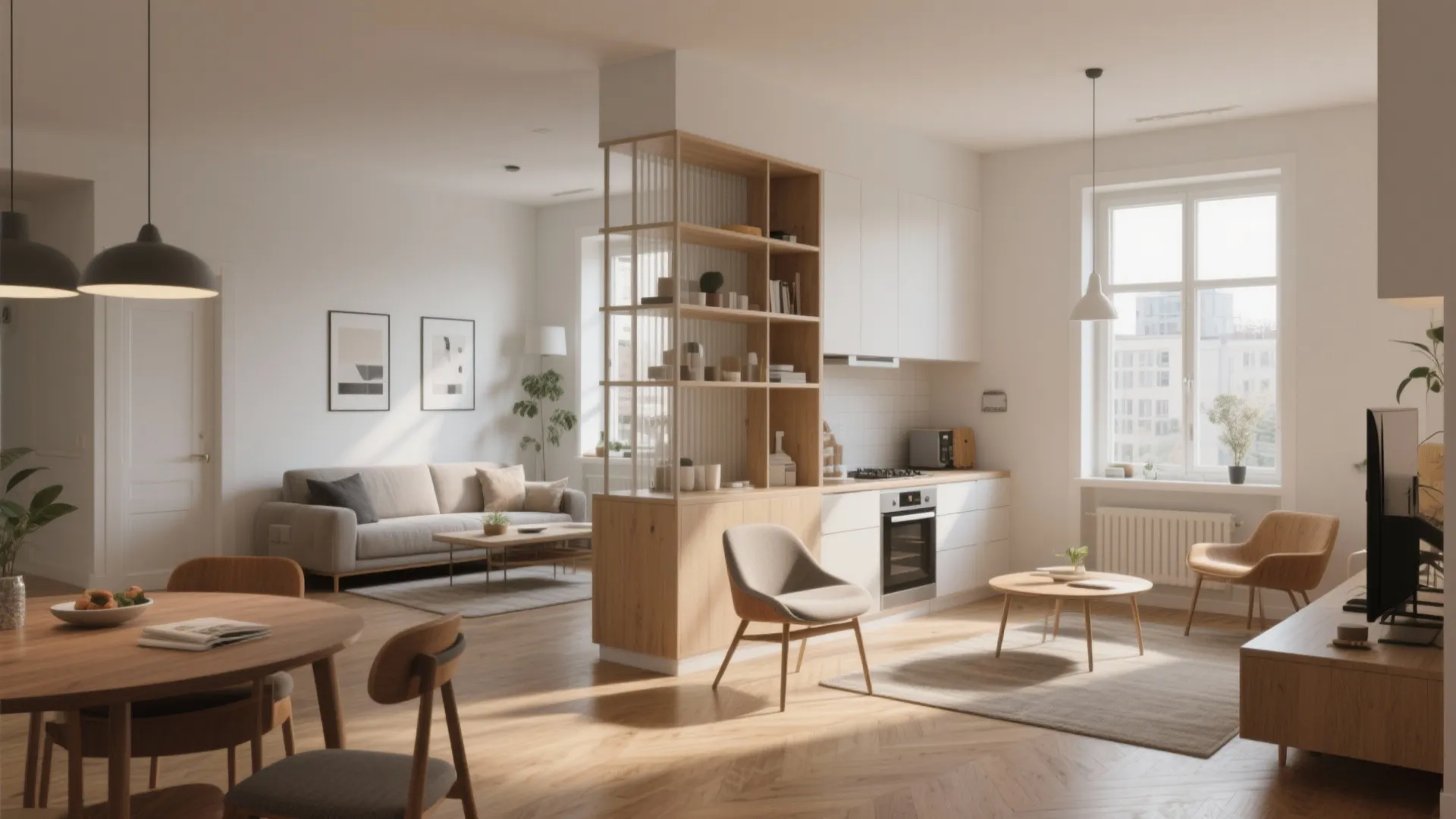 Bright open room layout with kitchen dining area living space wood furniture and natural light
