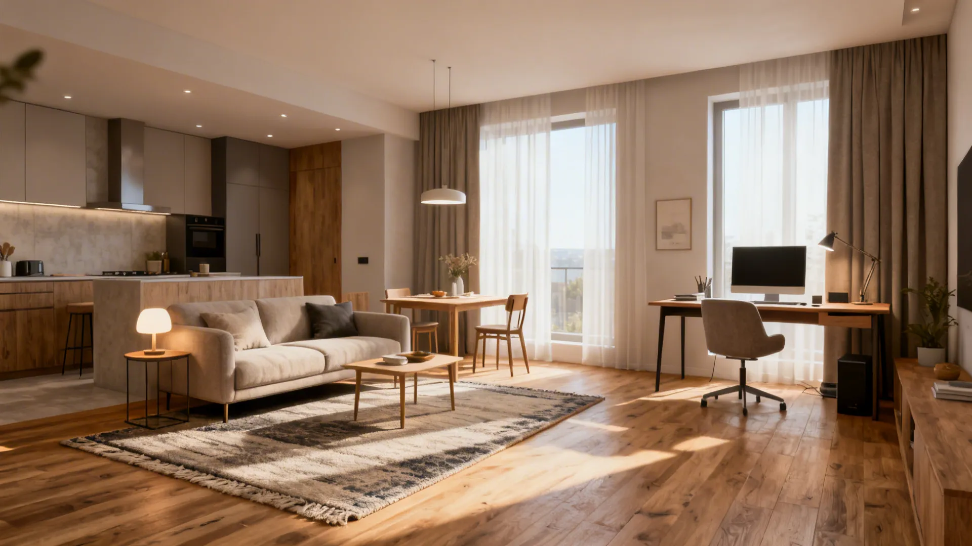 Open-plan living area with defined seating and dining/work zones