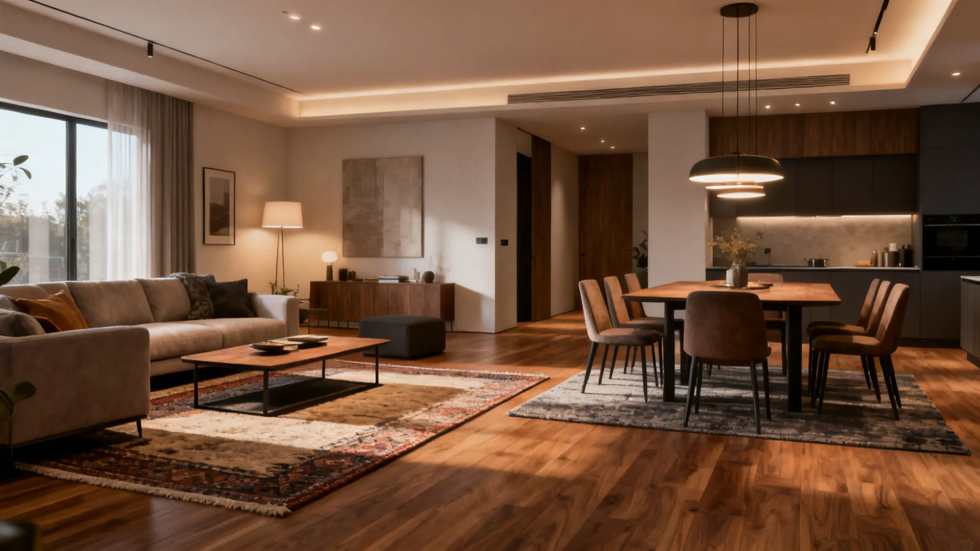 Open-plan 15x20 ft living and dining area with defined zones using rugs and lighting