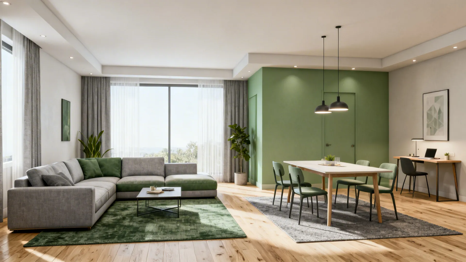 Open-plan living space showing lounge, dining and workspace zones with cohesive materials.