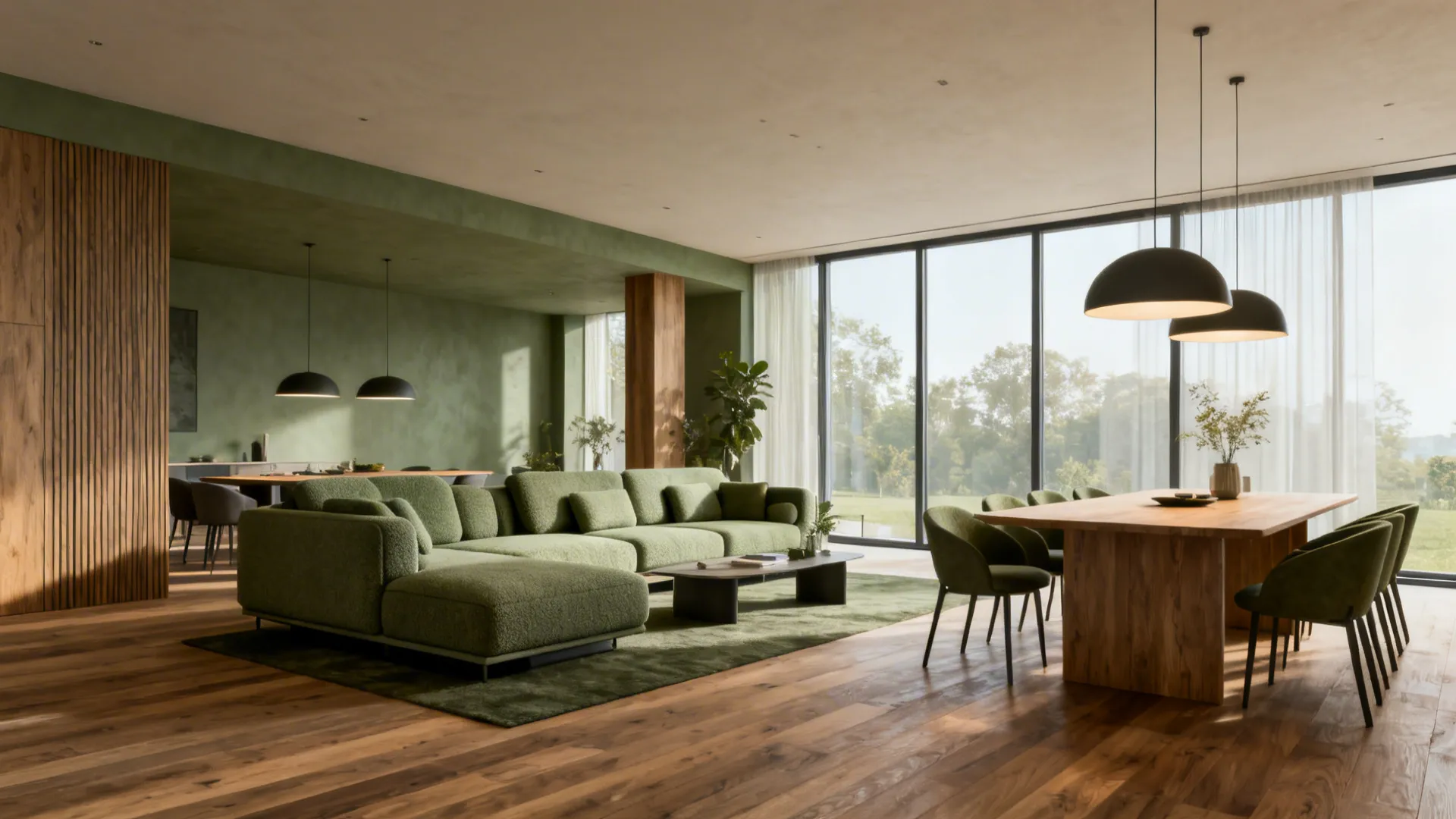 Open-plan living and dining area with pendant lighting defining zones and large windows.