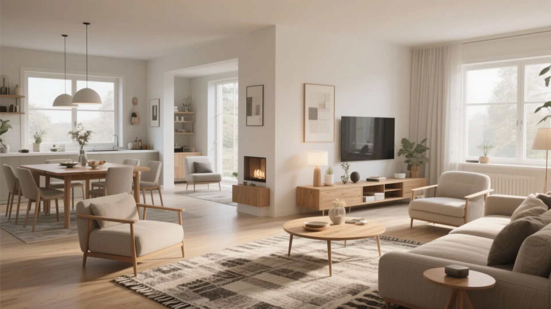 Spacious open plan living area with dining table sofa coffee table and warm fireplace feature