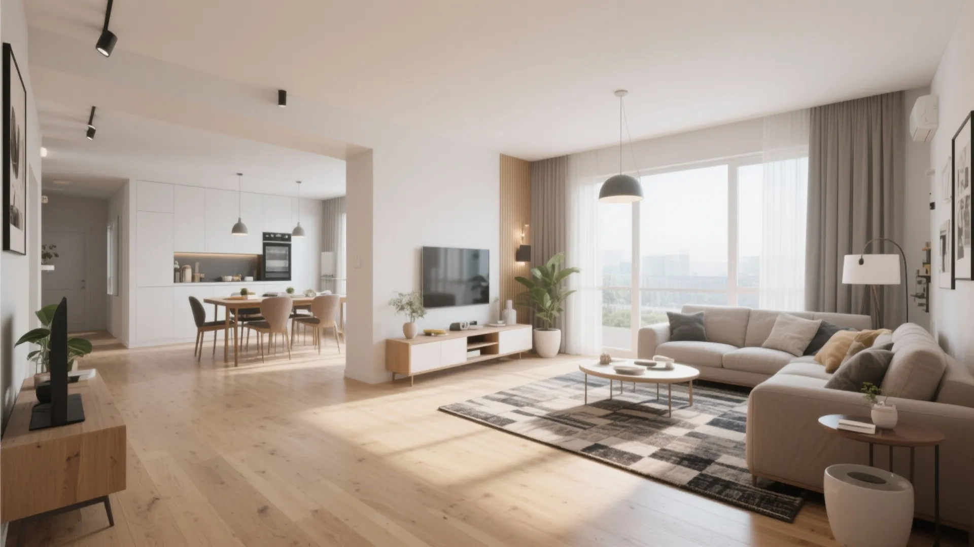 Open plan living and dining area with wooden floors white kitchen and large bright windows
