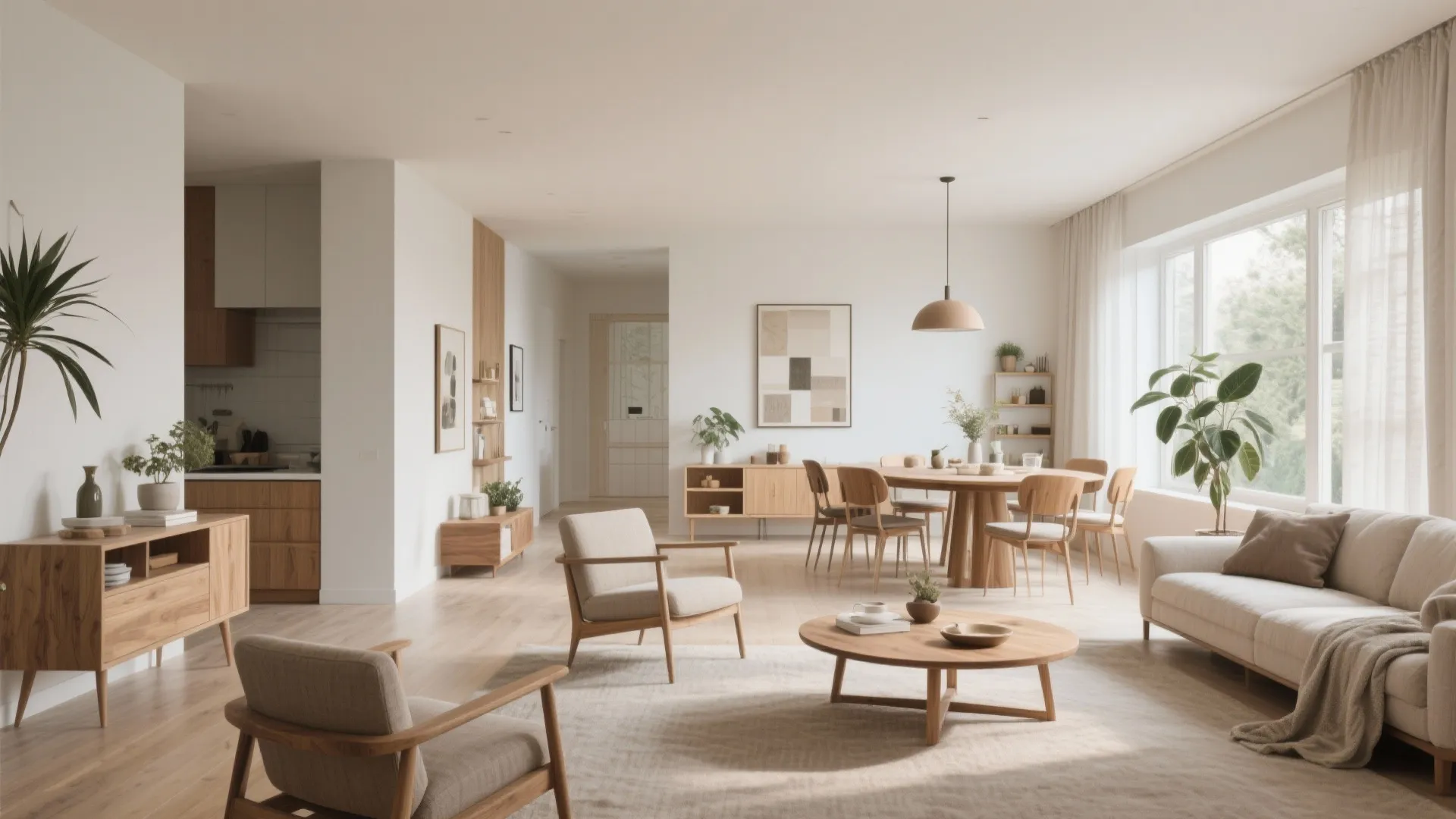 Minimalist open plan living room and dining space with wooden furniture light walls and plants
