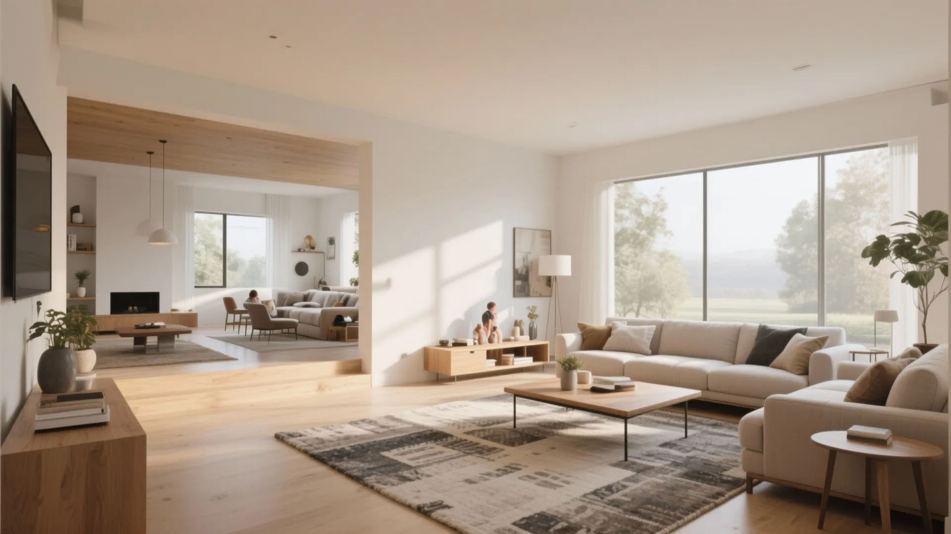 Open-plan layout connecting living and family room with rugs defining each area