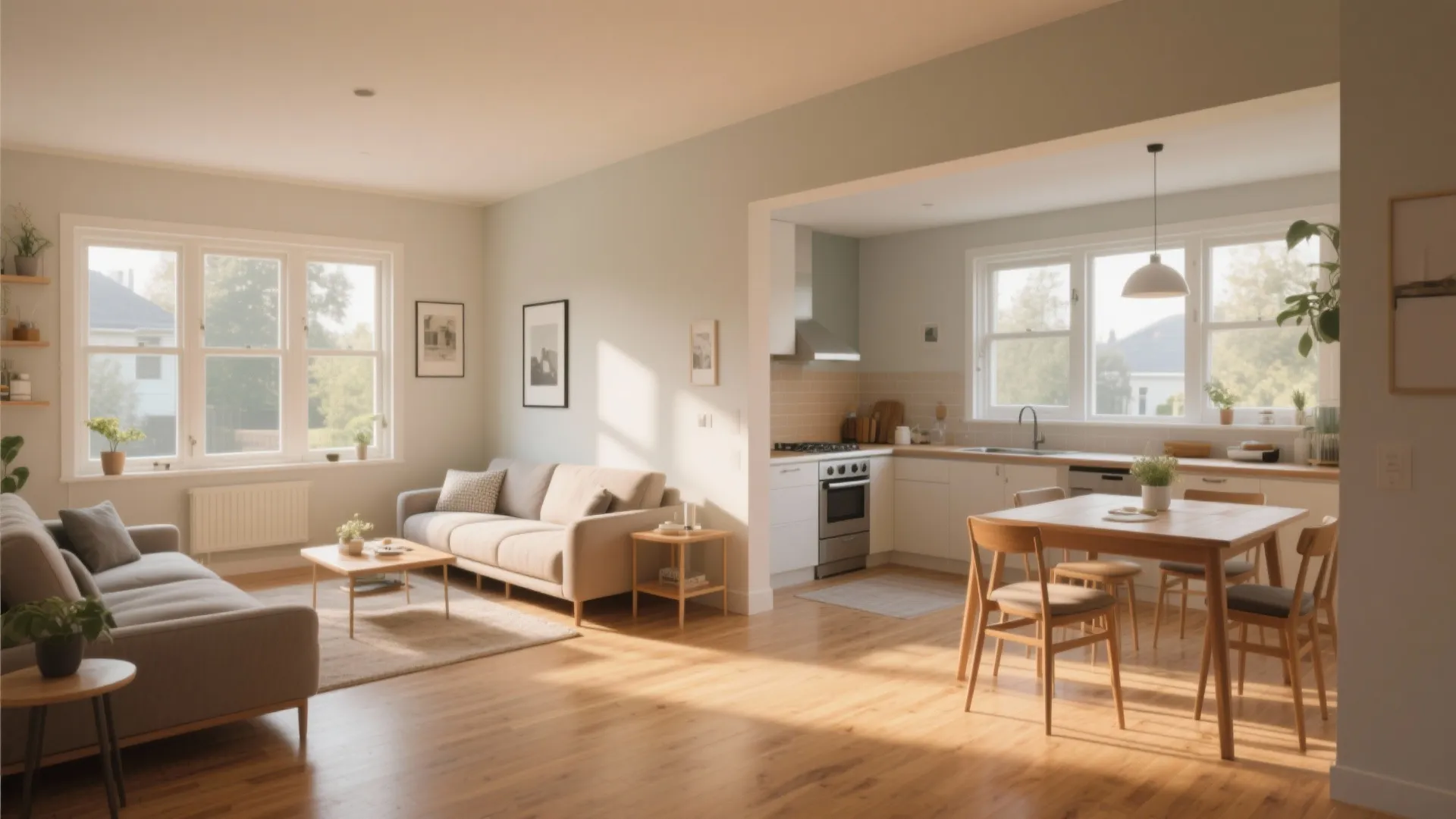 Open-plan living room and kitchen area with grey sofas, wooden dining table, and natural light
