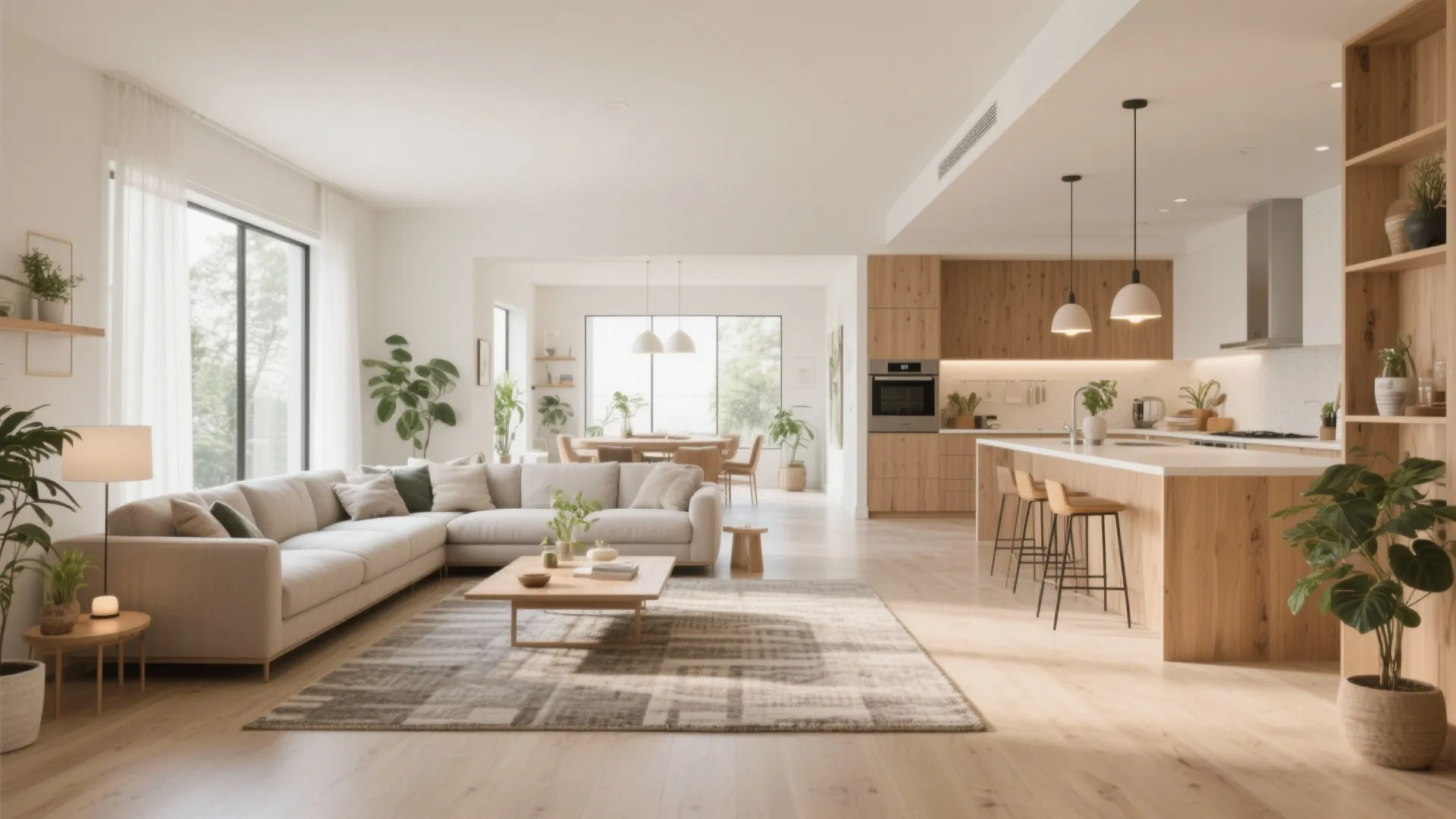 Open plan living room and kitchen with white sofa wooden floors and natural light from windows