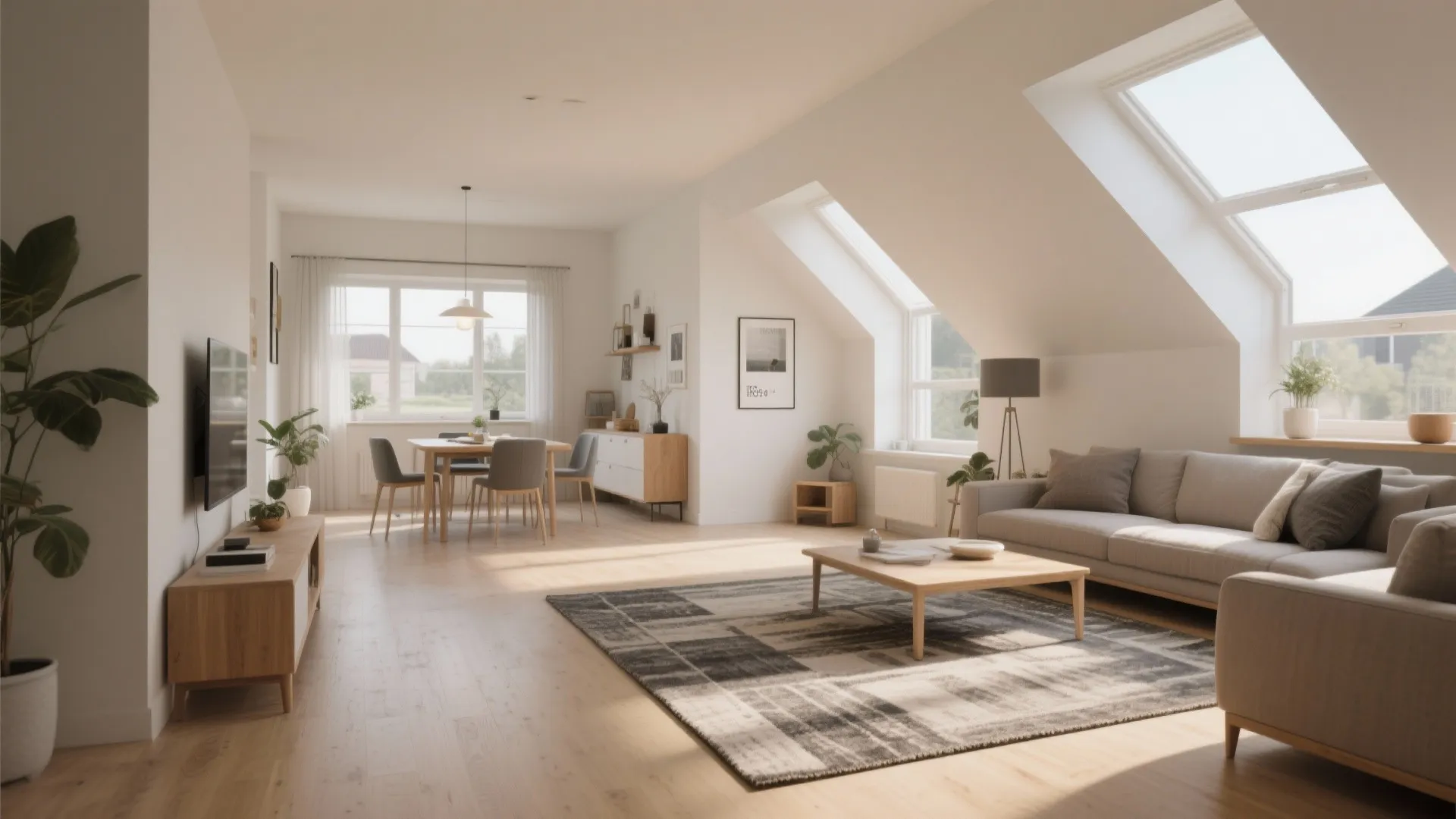 Bright open plan living room with grey sofa wooden coffee table rug and large roof windows