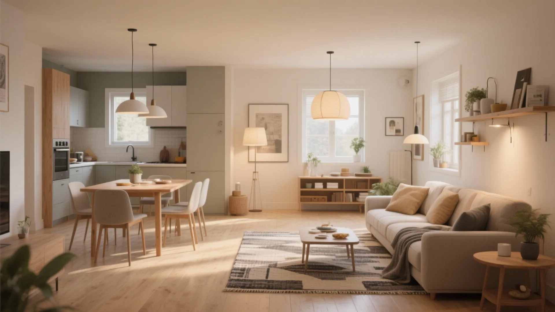 Small open-plan living area combining living, dining and kitchen zones