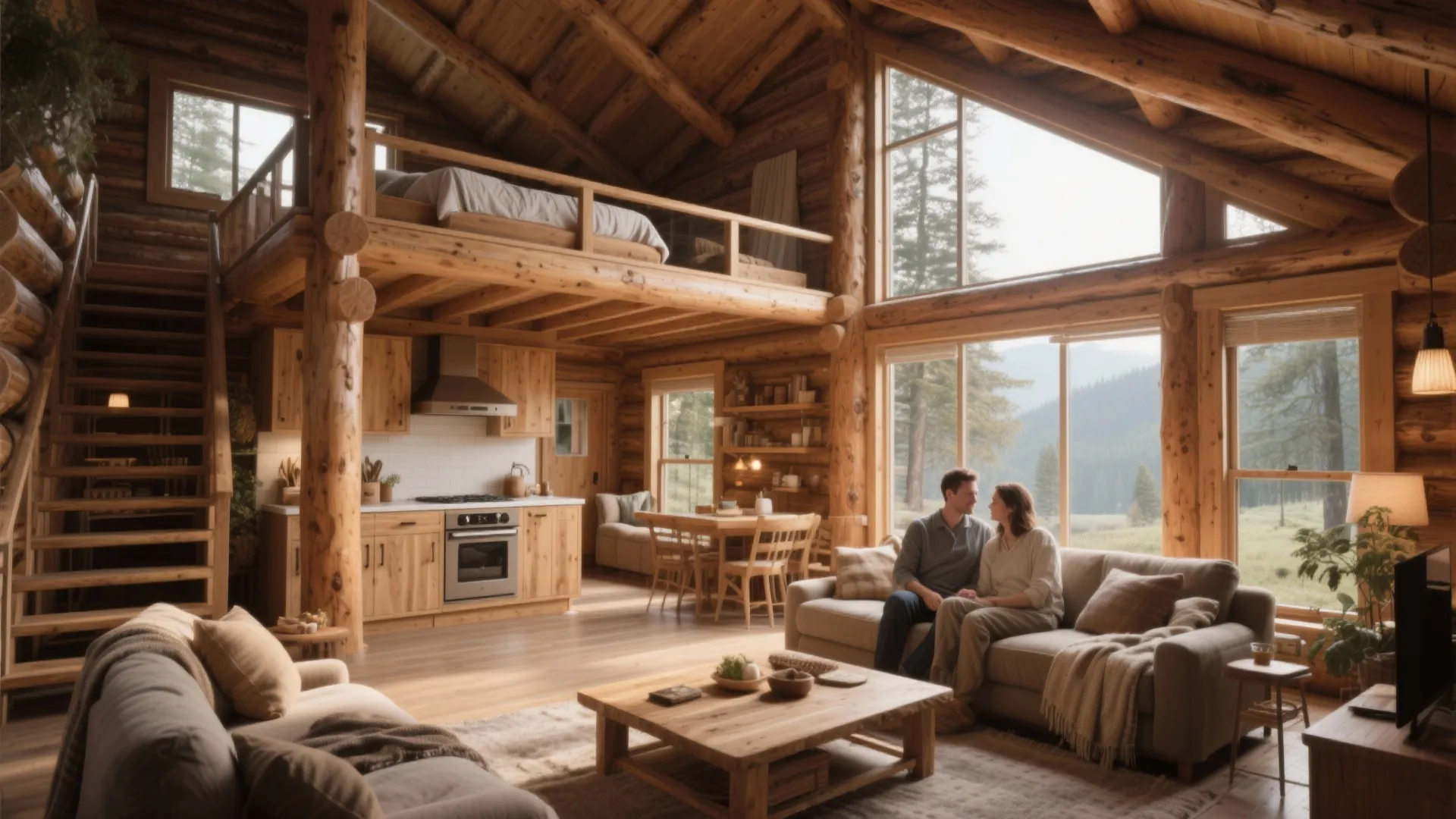 Cozy rustic wooden log cabin with open loft bedroom living area large windows and couple
