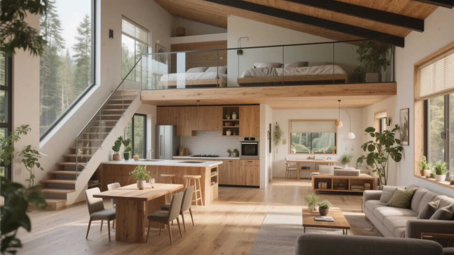 Spacious open plan loft with kitchen dining area living room and two beds on upper floor