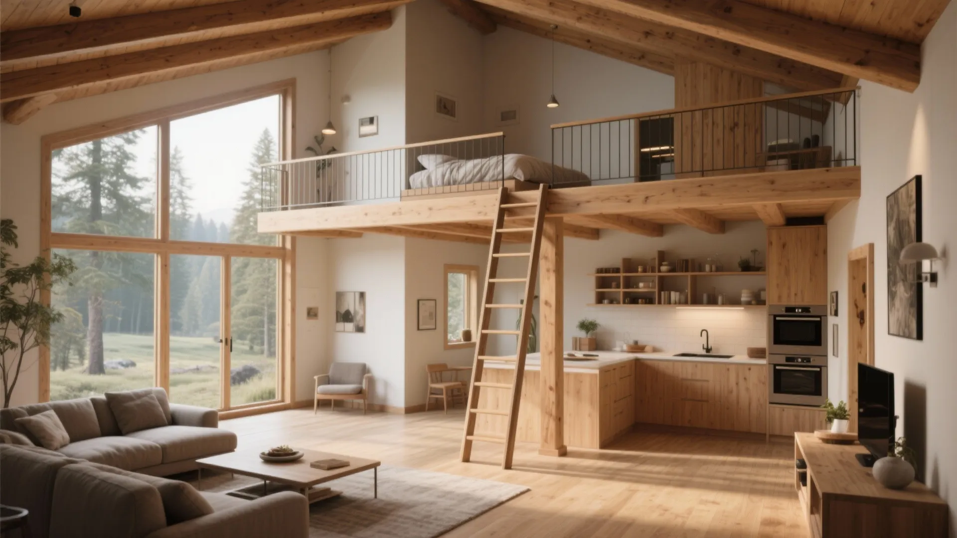 Open-plan cabin interior with lofted bedroom, folding ladder, and abundant daylight.