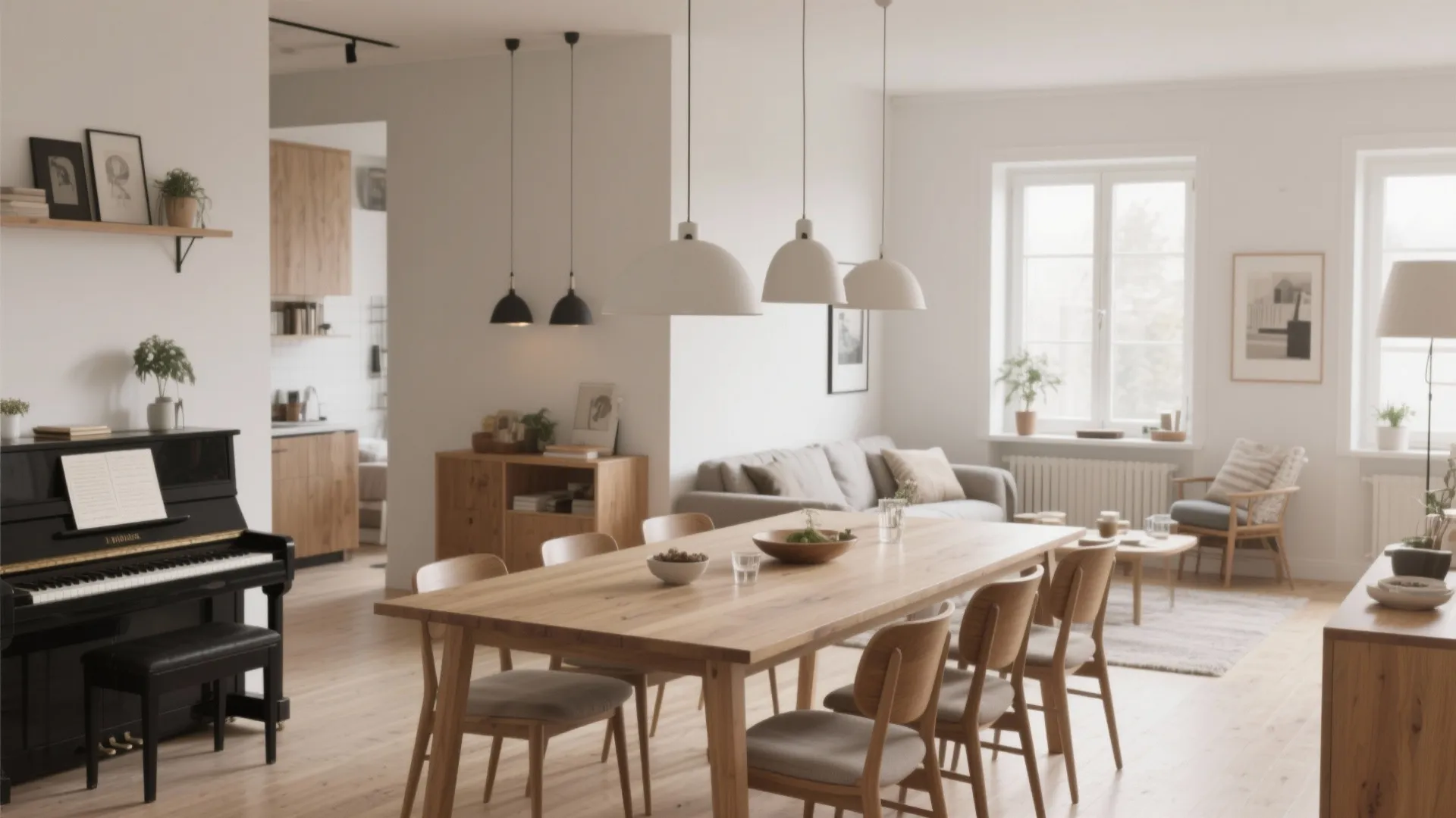 Modern open plan living area featuring a wooden dining table black piano and grey sofa