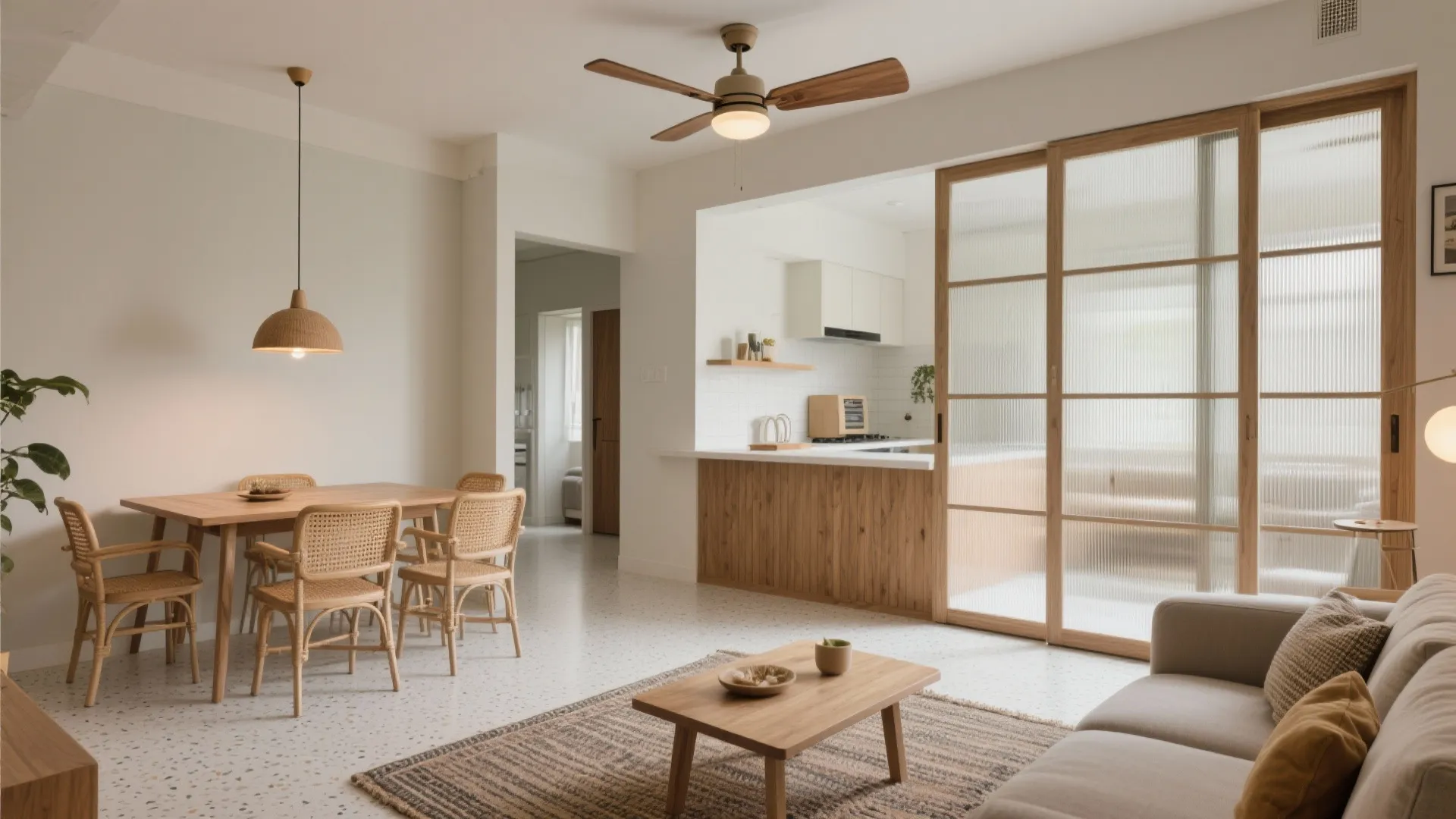 Open-plan living with flexible partitions