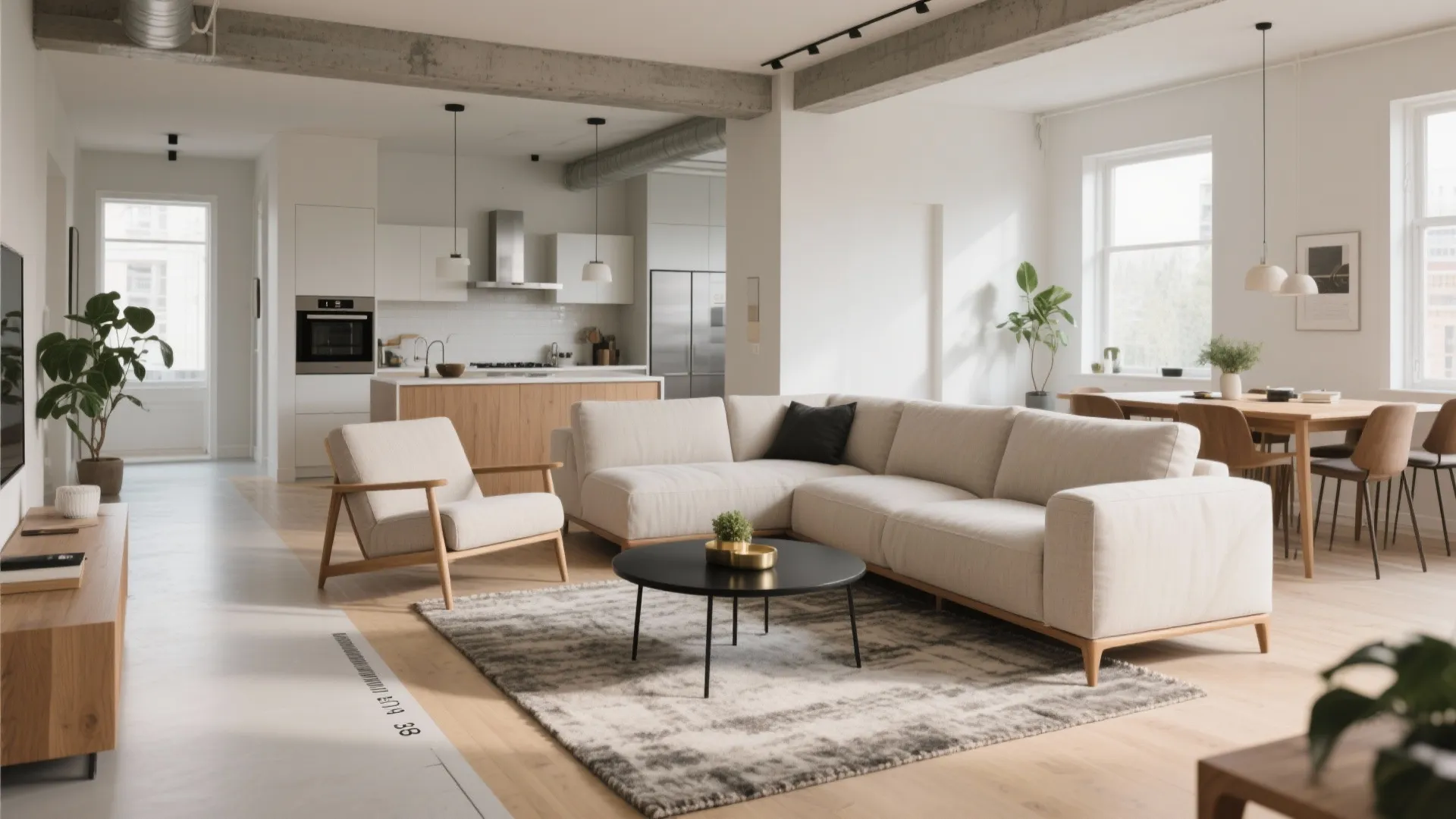 Open plan living room with beige sofa black coffee table dining area and white kitchen