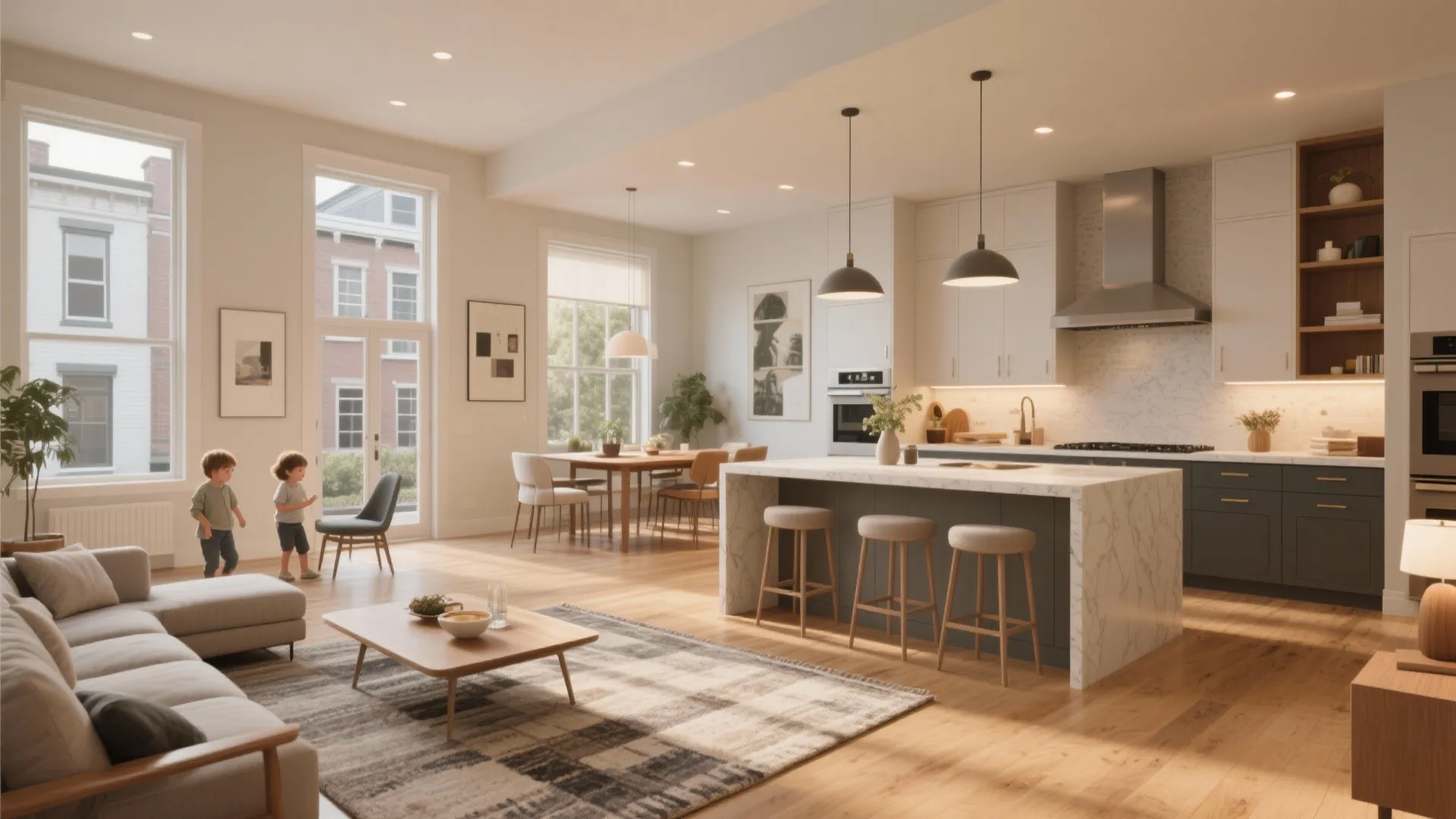 Open plan living room and kitchen area featuring marble island wooden floor and large bright windows
