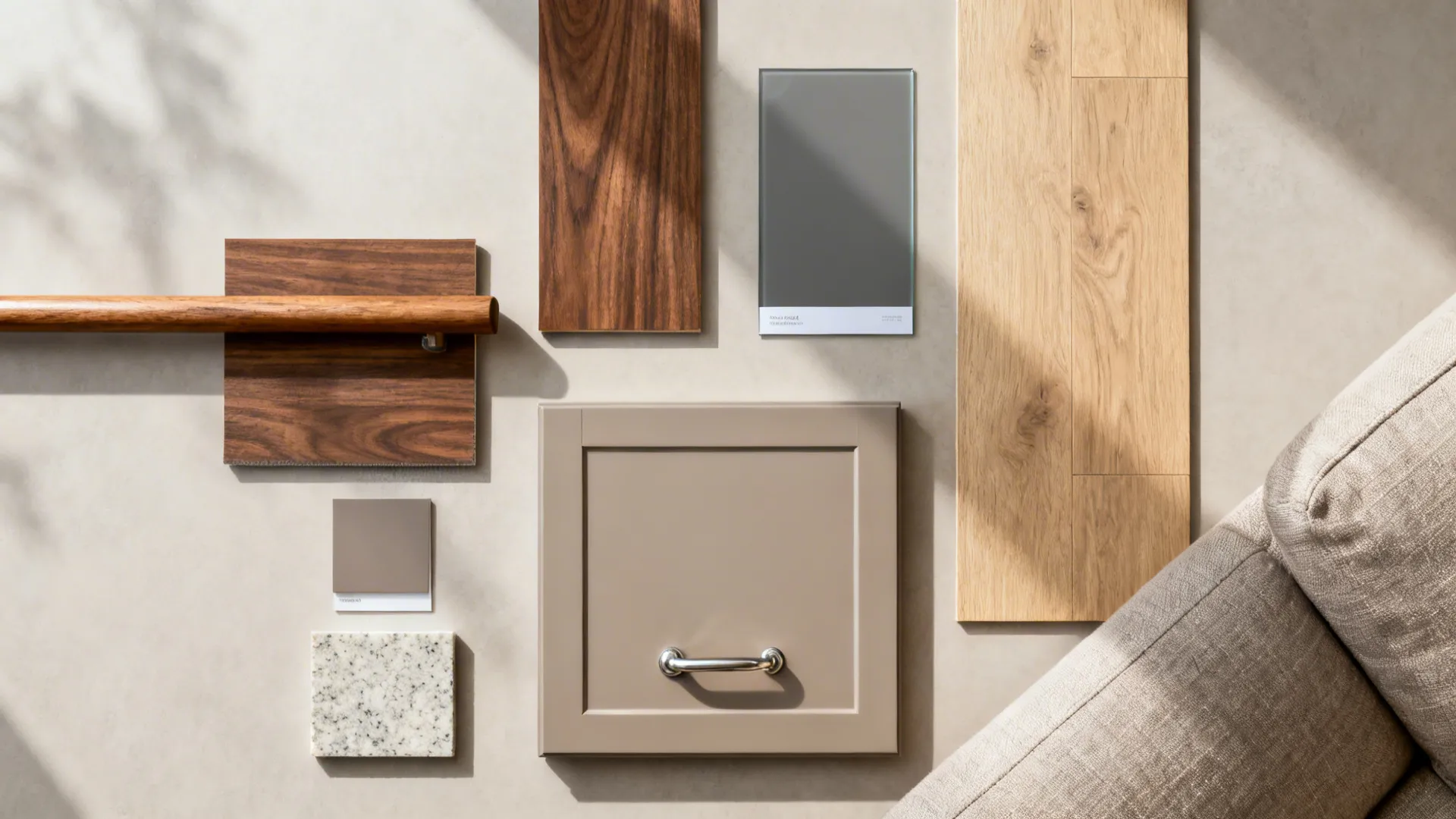 Flat lay of walnut veneer, glass, flooring, cabinet finish, quartz, hardware, and fabric samples.