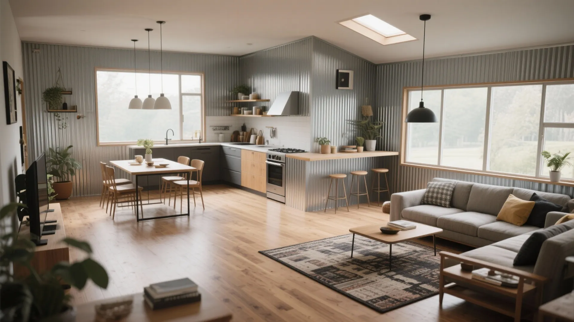 Open plan living room and kitchen area with grey metal walls and a roof window