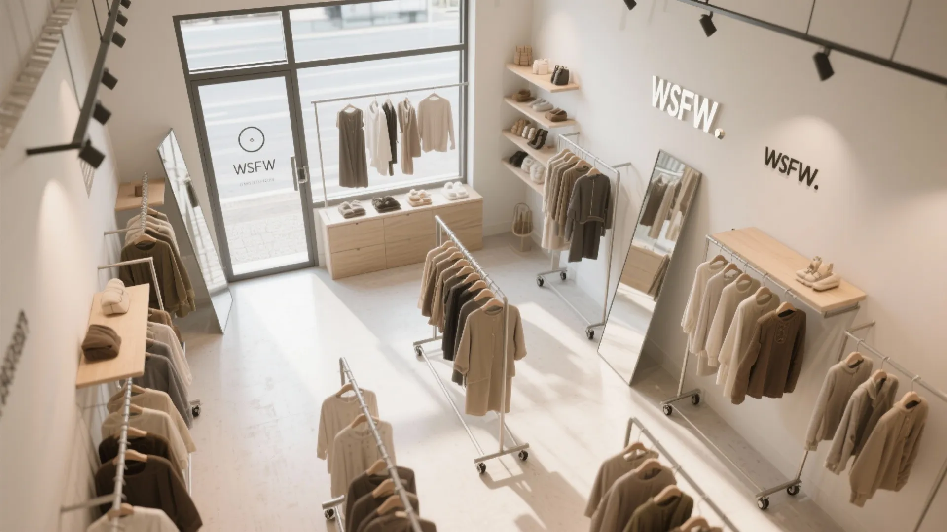 High angle view of a bright clothing store layout with wooden shelves and movable racks