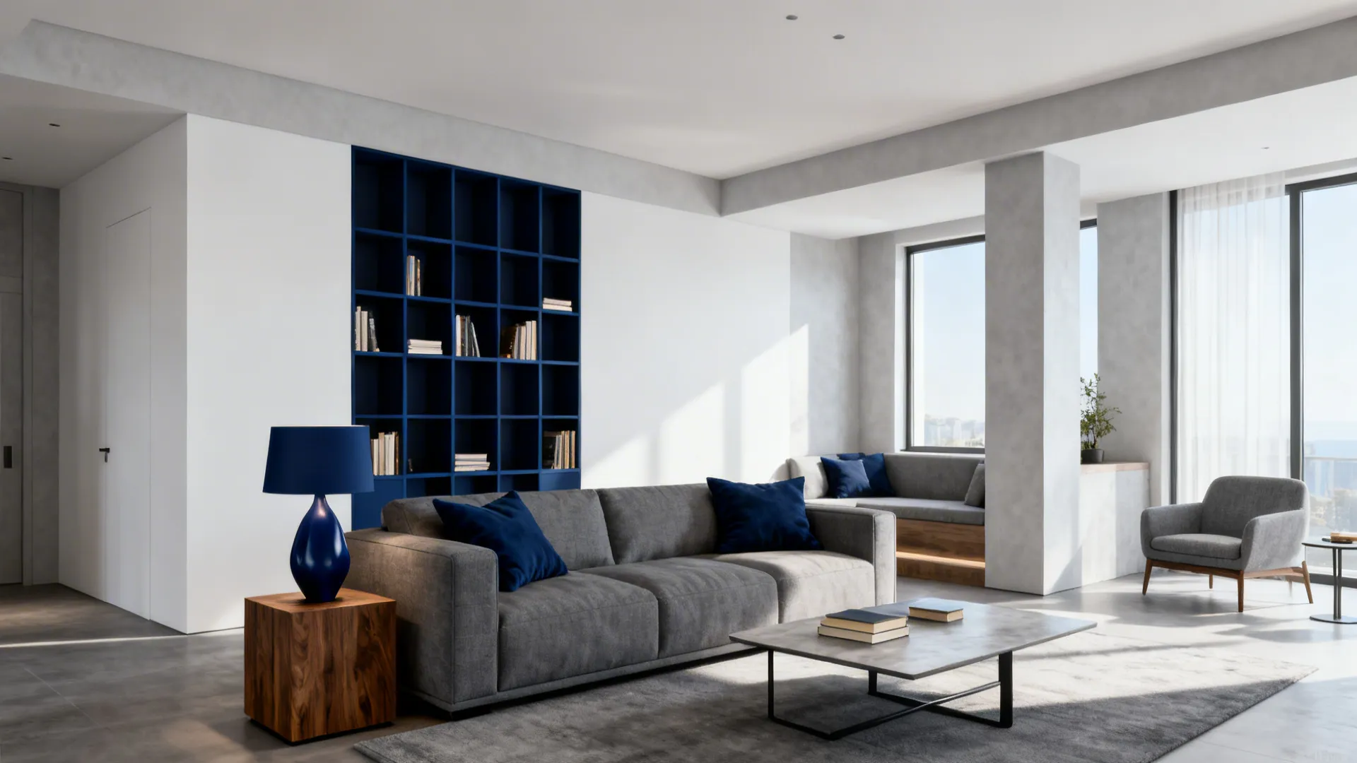 5. Navy Accents in an Open Plan Scheme