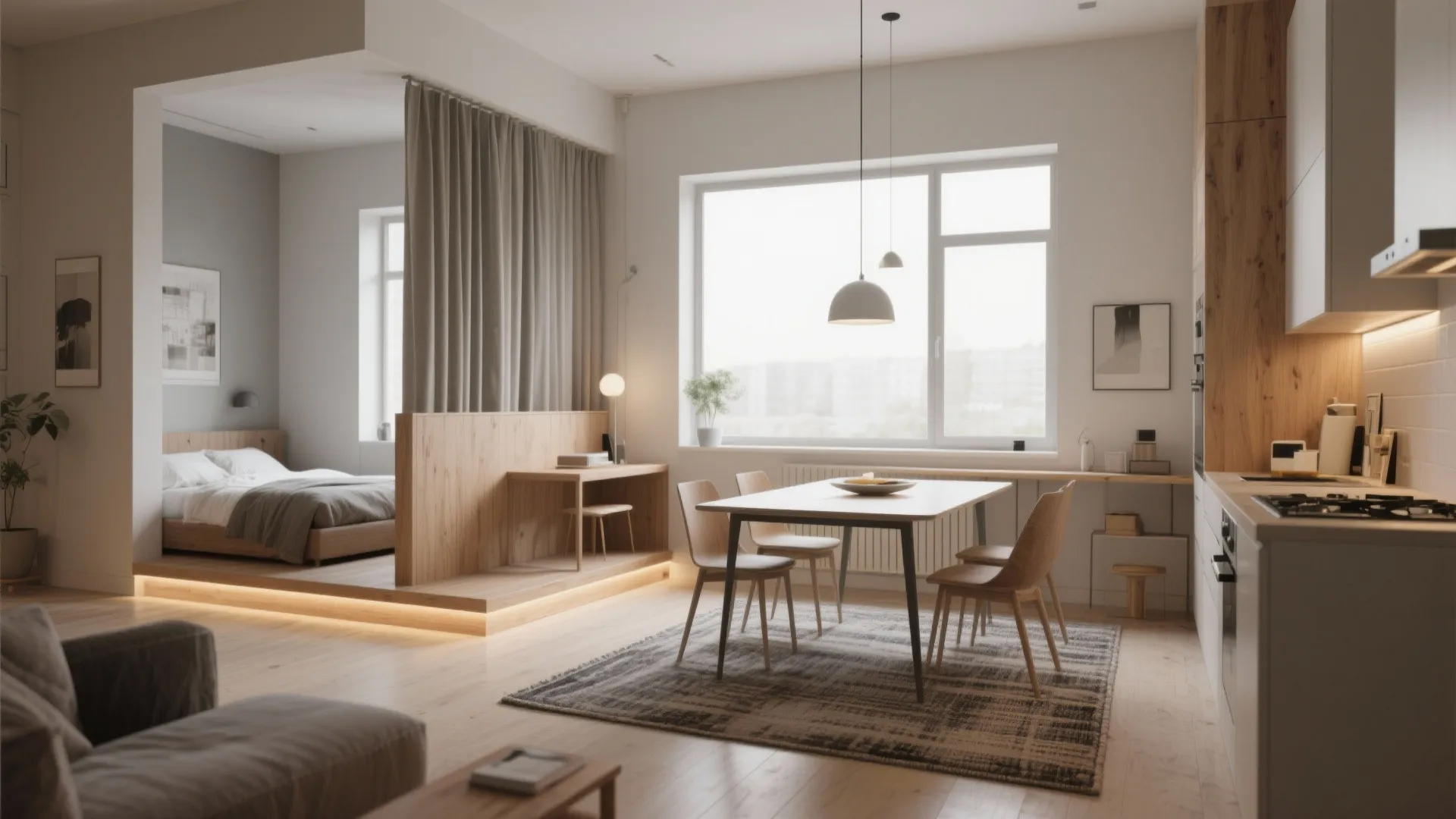 Modern studio apartment with wooden dining table and elevated bedroom area separated by grey fabric curtains