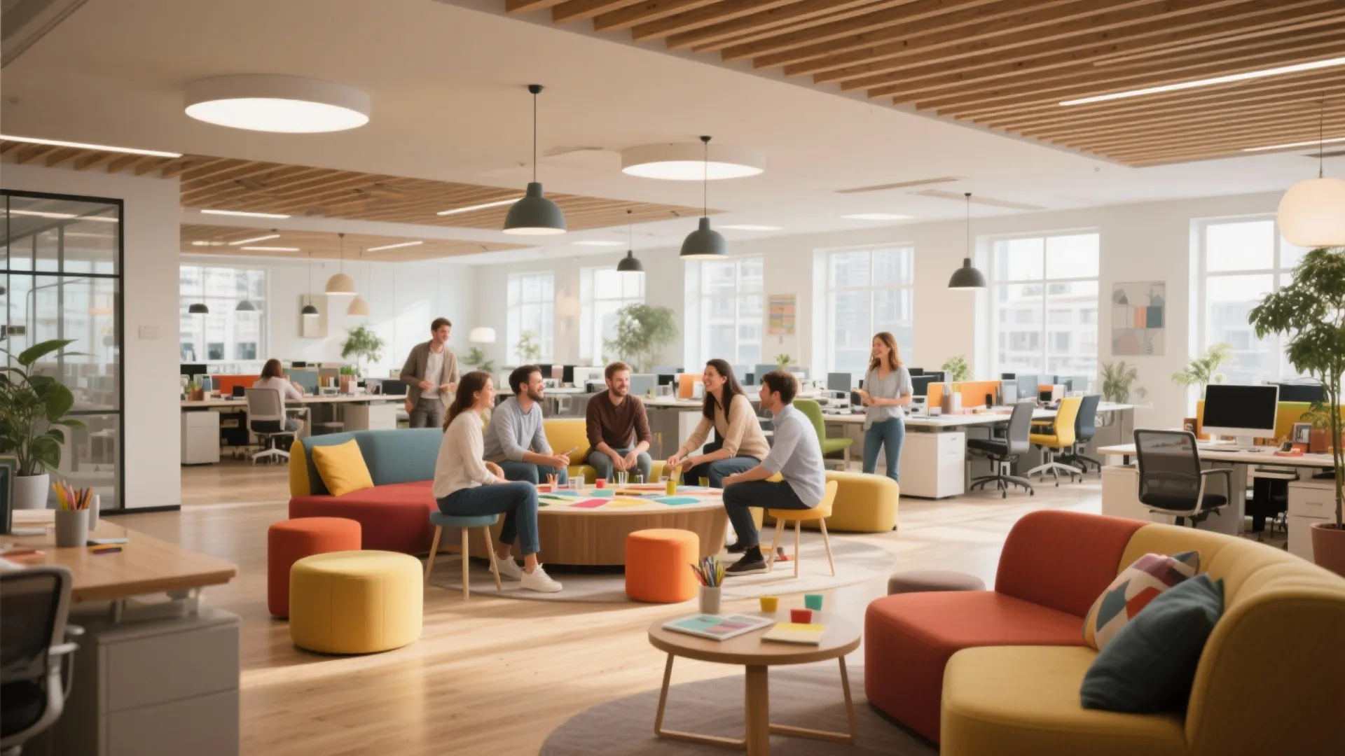 Large open plan office with colorful sofas wooden ceiling panels and group of people meeting