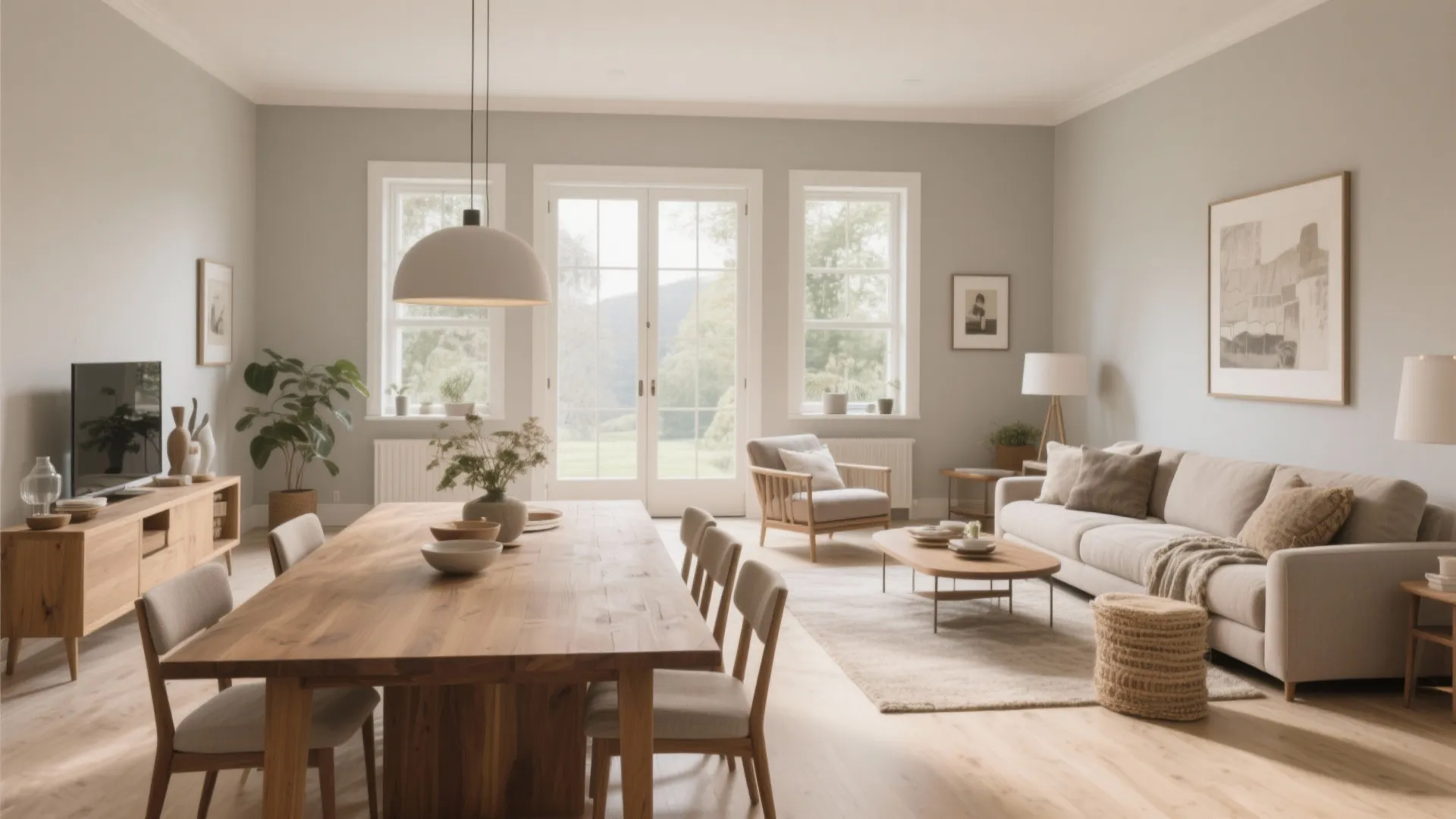 Bright open plan interior with grey walls beige sofa wooden table and white ceiling light
