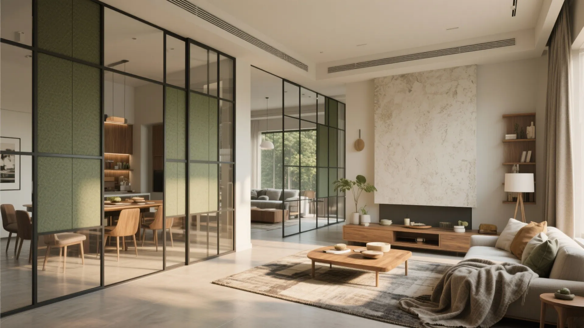 Open-plan living with flexible partitions